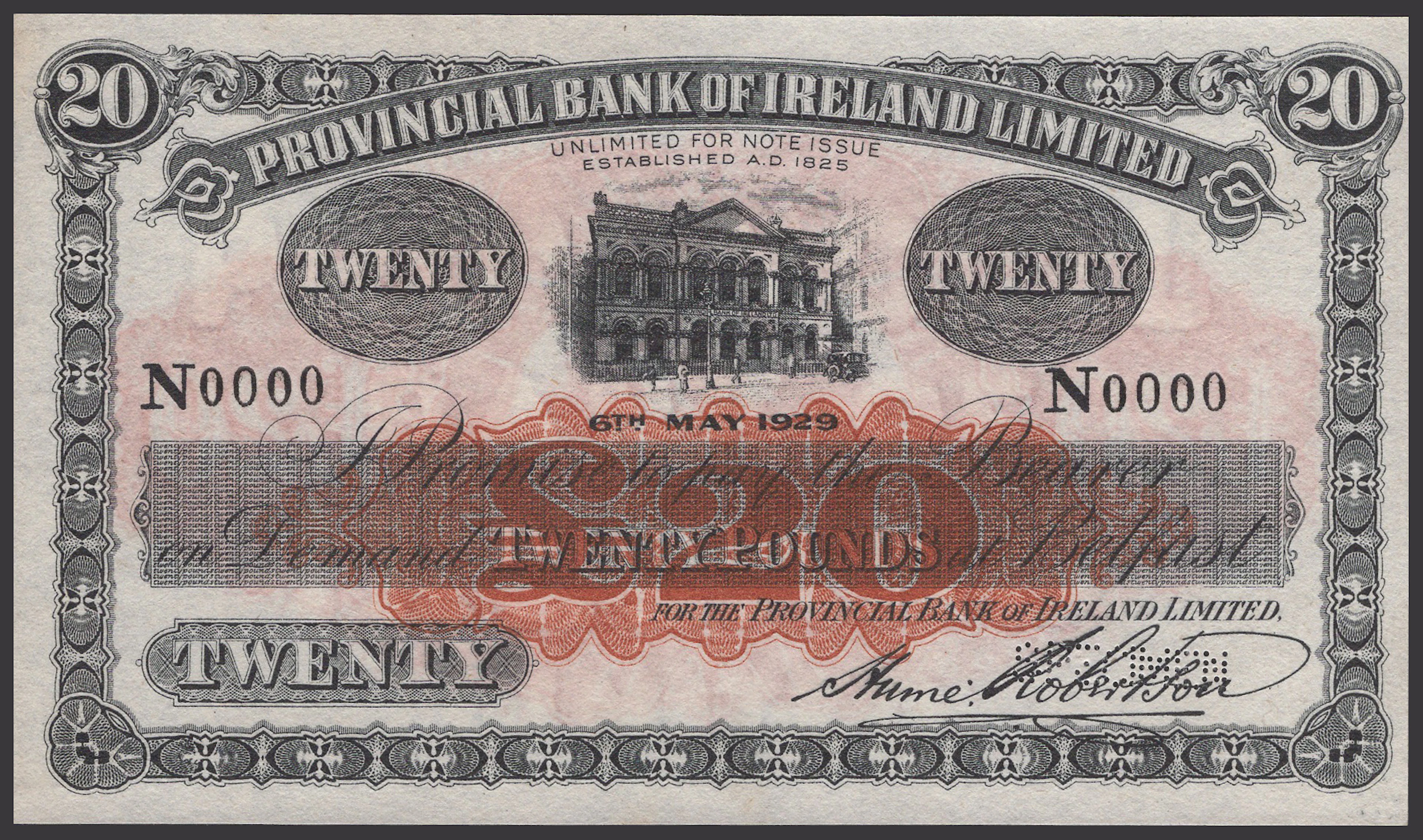 Provincial Bank of Ireland Ltd, specimen £20, 6 May 1929, serial number