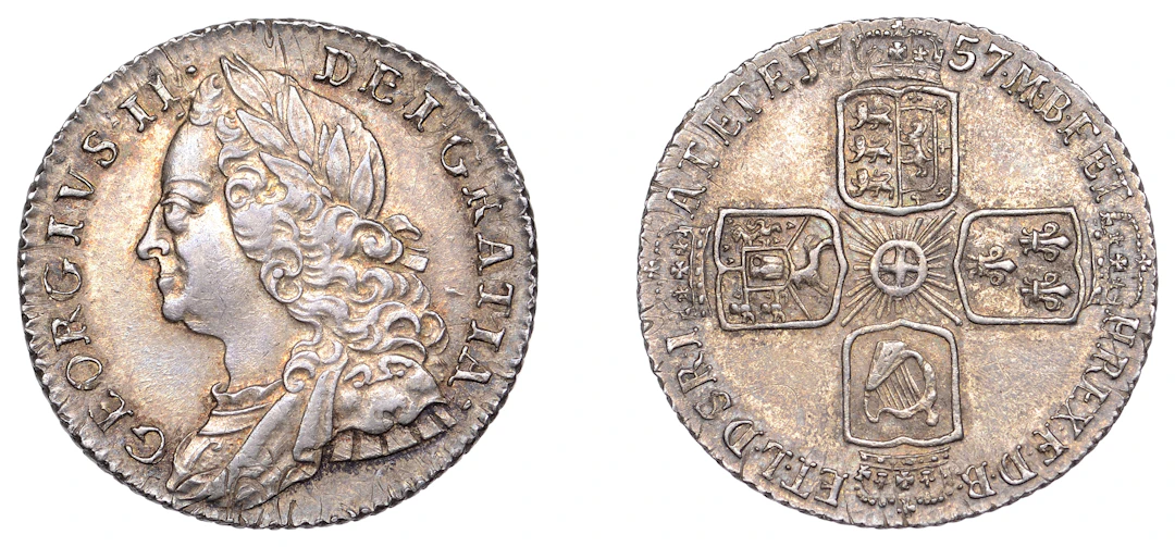George II (1727-1760), Sixpence, 1757 (ESC 1762; S 3711). Cabinet