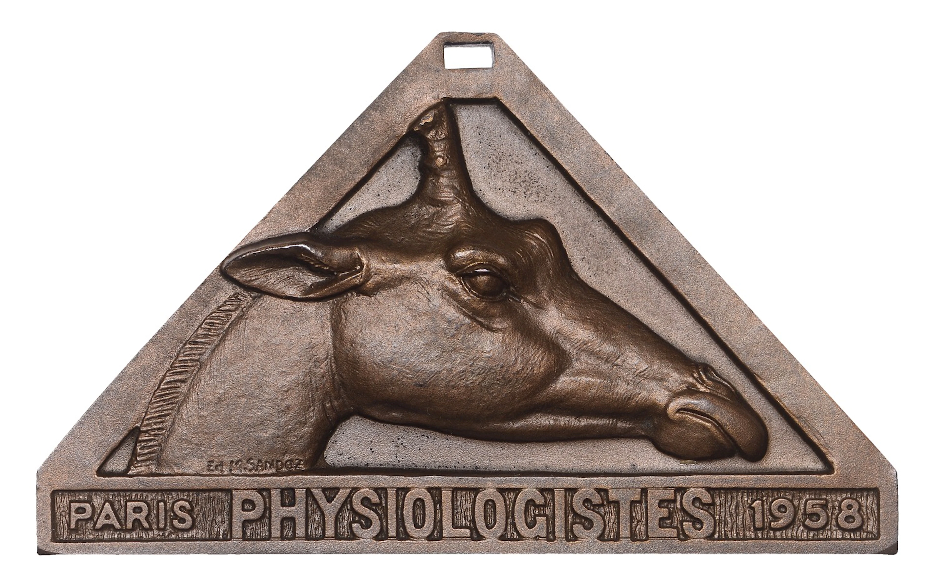 FRANCE, Physiologistes, Paris, 1958, a uniface triangular bronze plaque