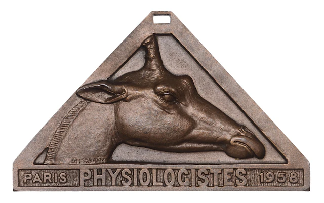 FRANCE, Physiologistes, Paris, 1958, a uniface triangular bronze plaque