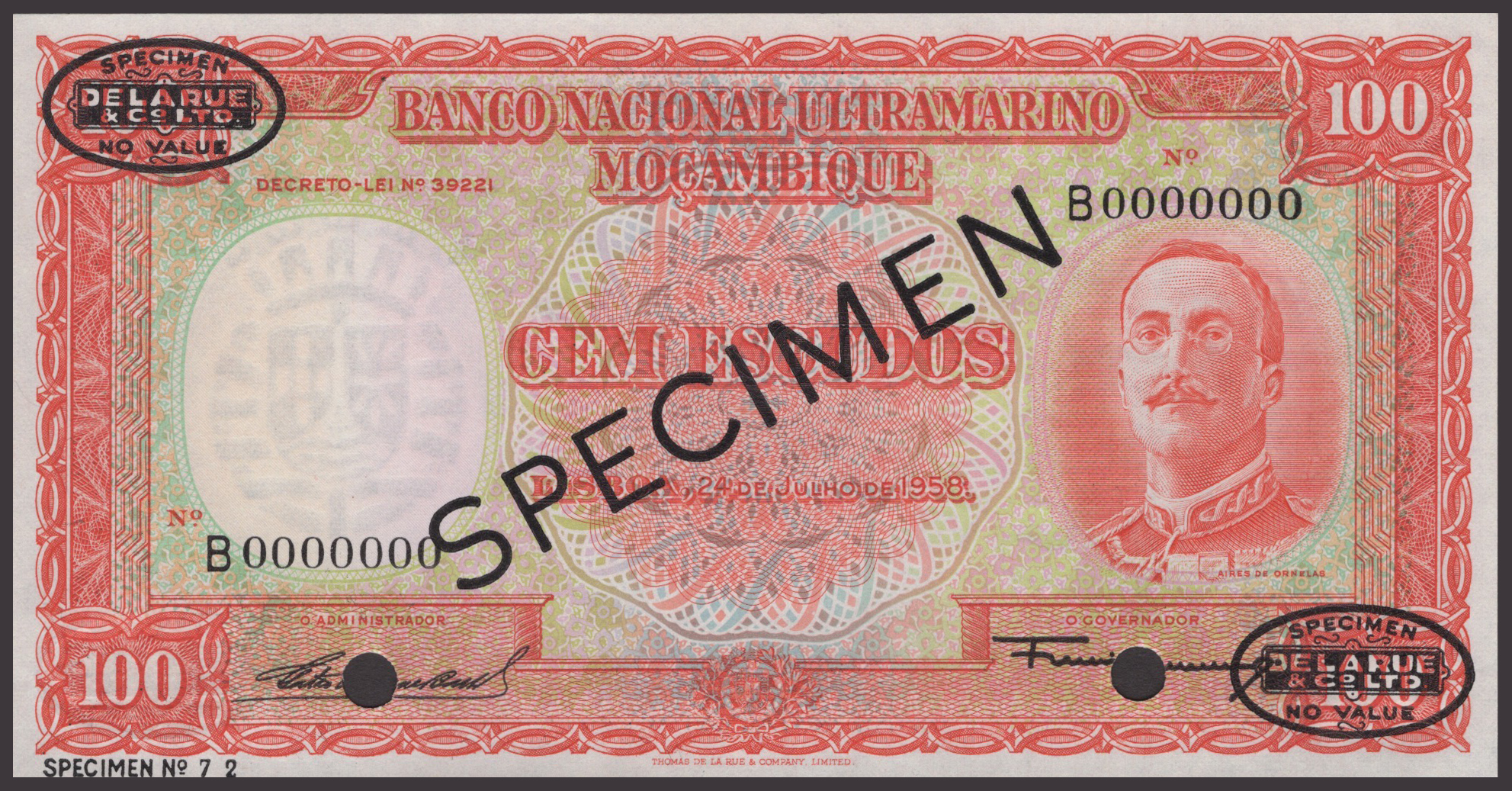 Banco Nacional Ultramarino, Mozambique, specimen 100 Escudos, 24 July
