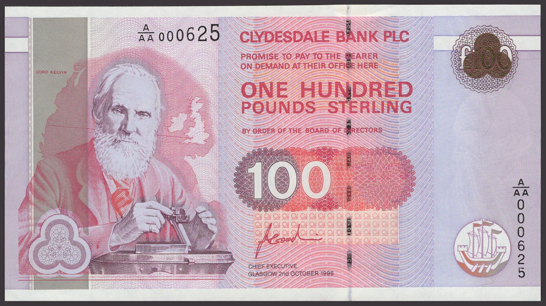 Clydesdale Bank PLC, £100, 2 October 1996, serial number A/AA 000625