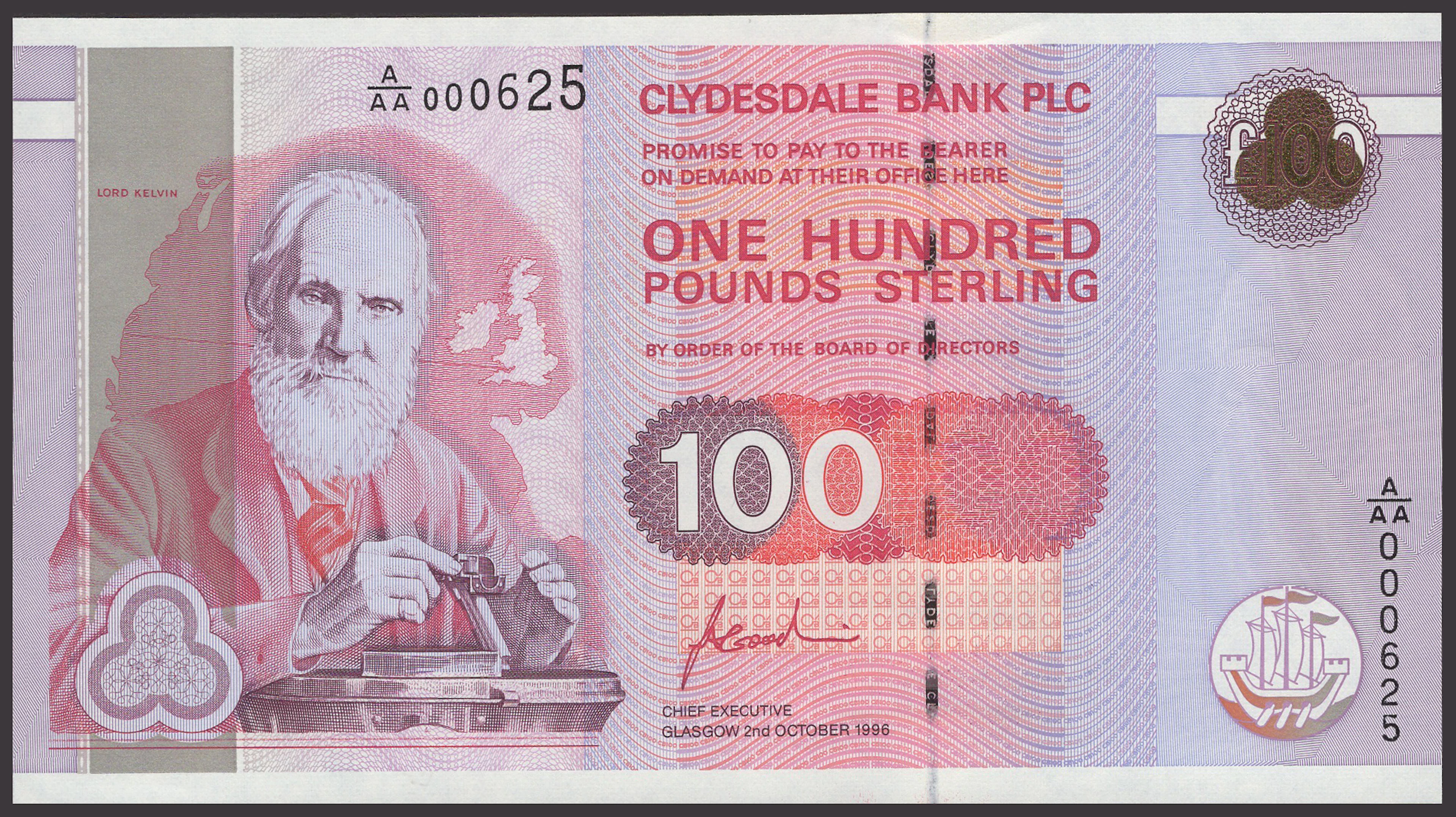 Clydesdale Bank PLC, £100, 2 October 1996, serial number A/AA 000625