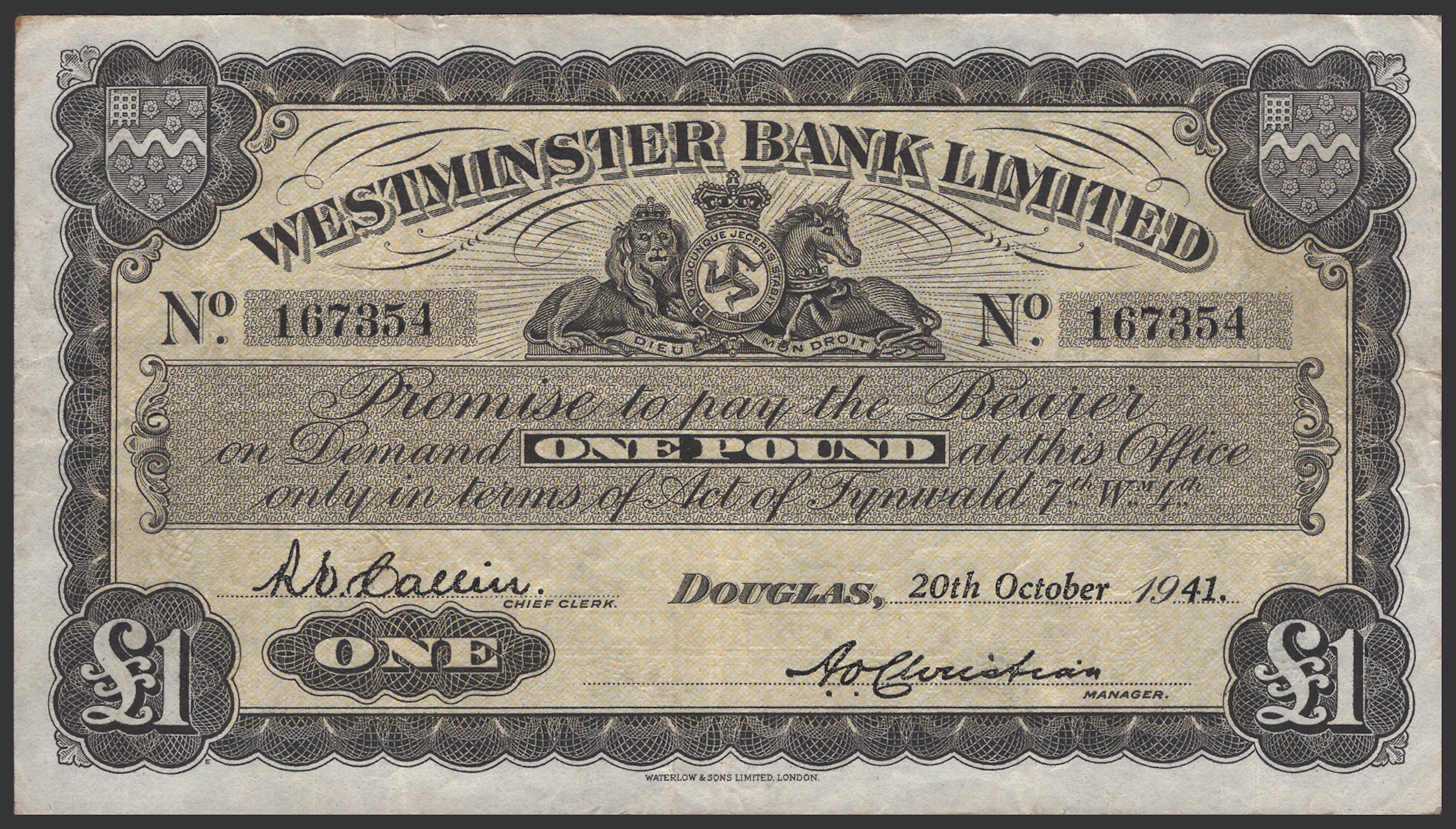 Westminster Bank Limited, £1, 20 October 1941, serial number 167354
