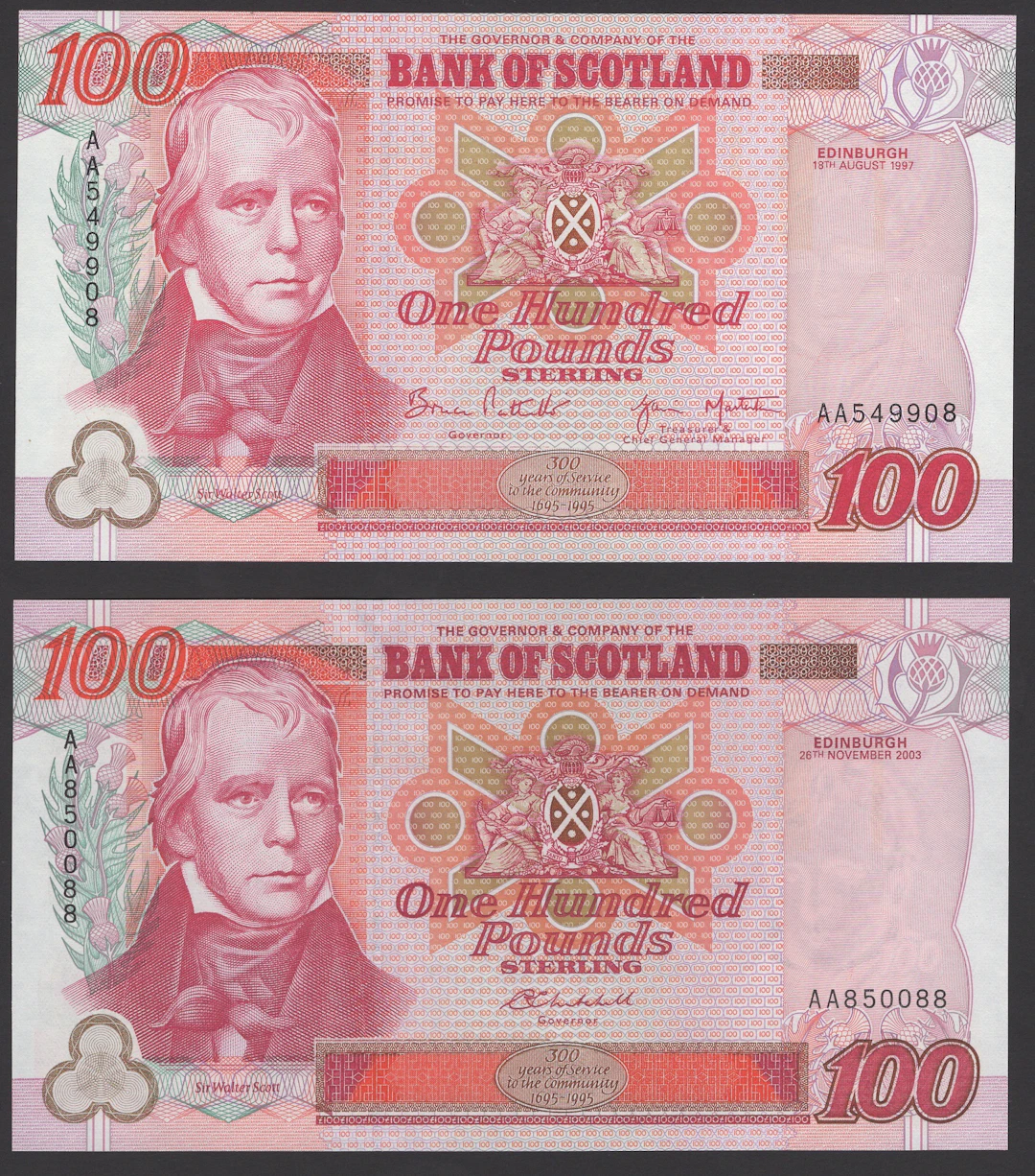 Bank of Scotland, £100 (2), 18 August 1997, serial number AA549908