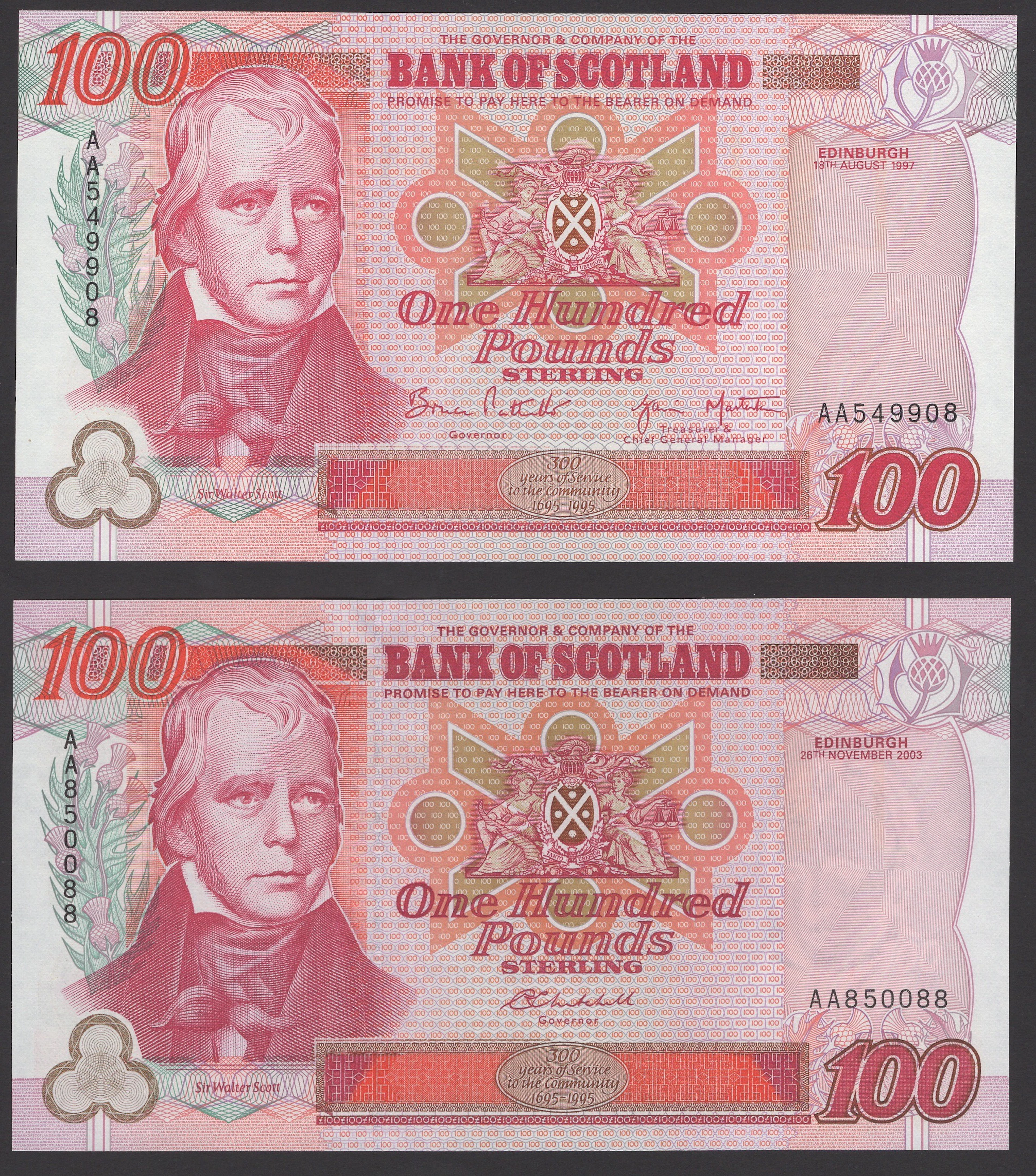 Bank of Scotland, £100 (2), 18 August 1997, serial number AA549908