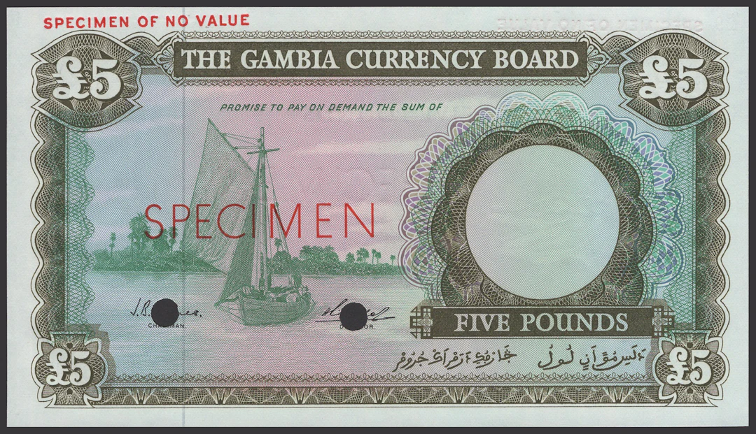 Gambia Currency Board, colour trial £5, ND (1964), no serial number
