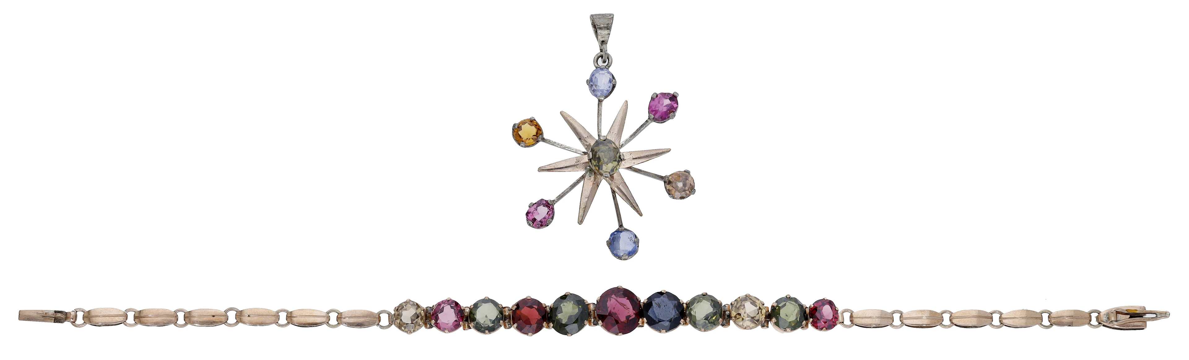 A gem-set bracelet and pendant, set with a graduated row of circular-cut