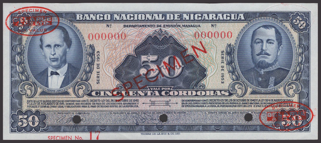 Banco Nacional de Nicaragua, specimen 50 Cordobas, 1953, serial number
