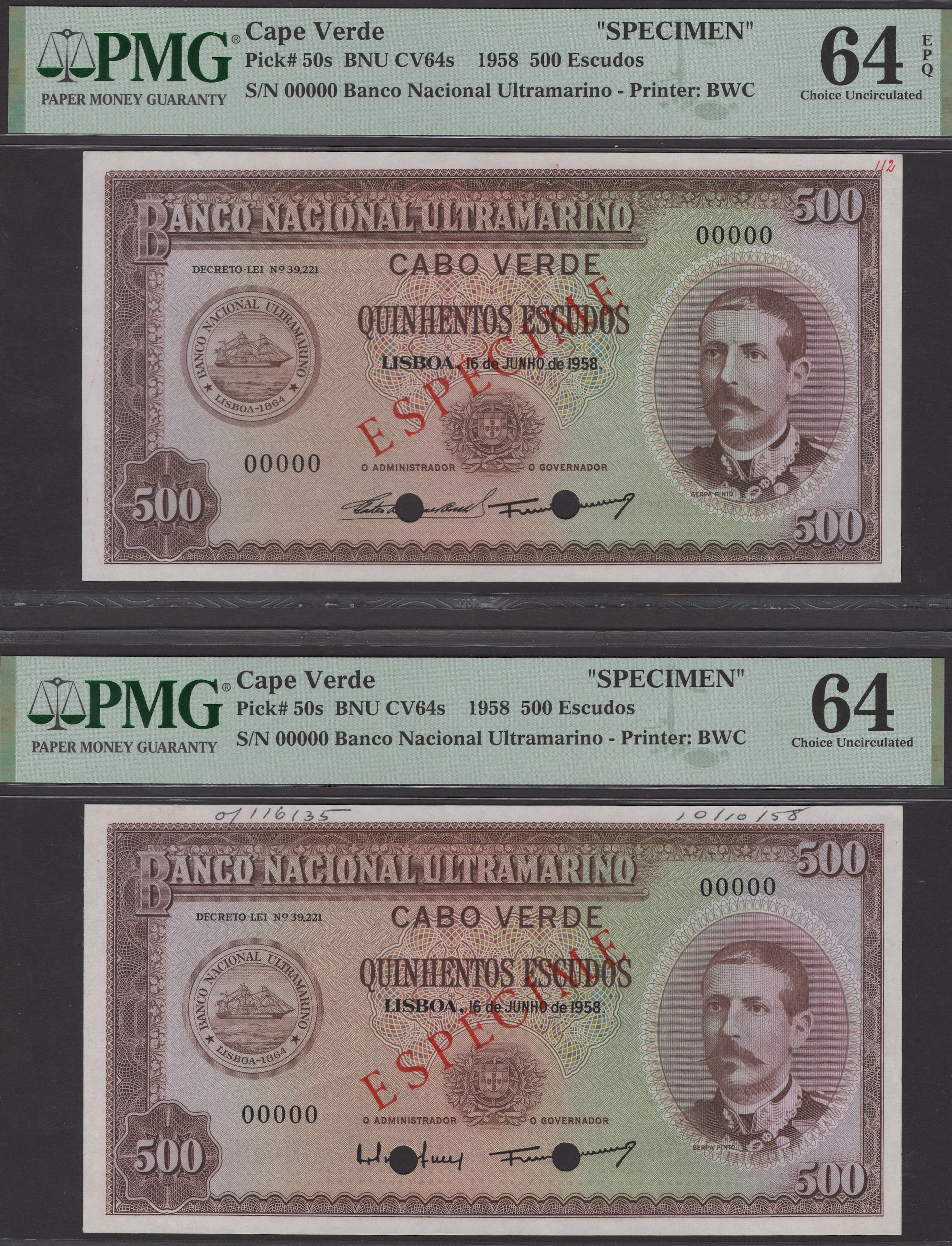 Banco Nacional Ultramarino, Cape Verde, specimen 500 Escudos (3)