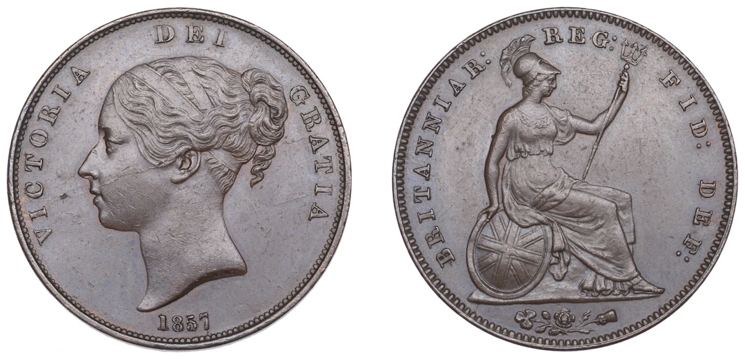 Victoria (1837-1901), Penny, 1857, plain trident, long 7 in date (Gouby