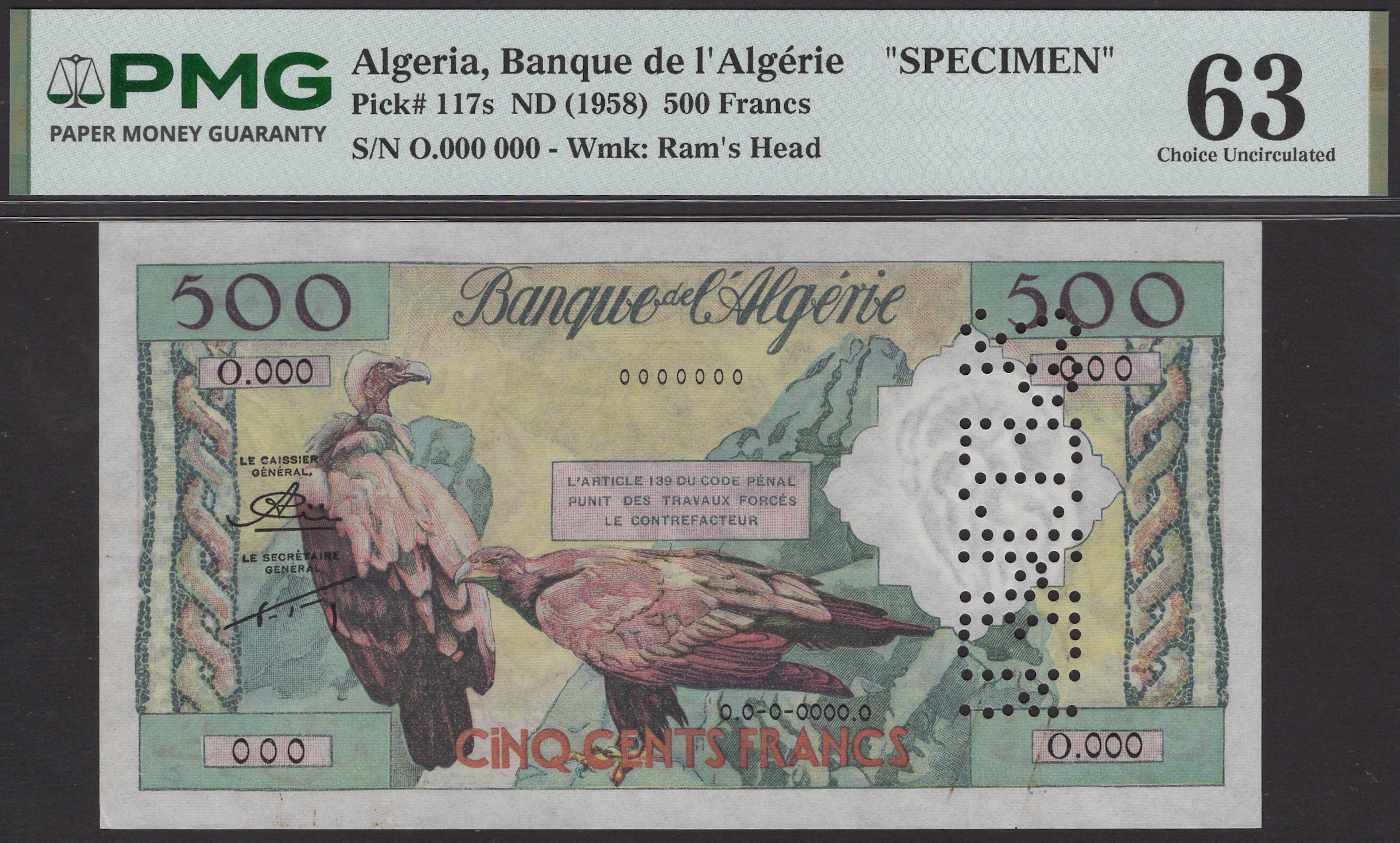 Banque de l’Algerie, specimen 500 Francs, ND (1958), serial number