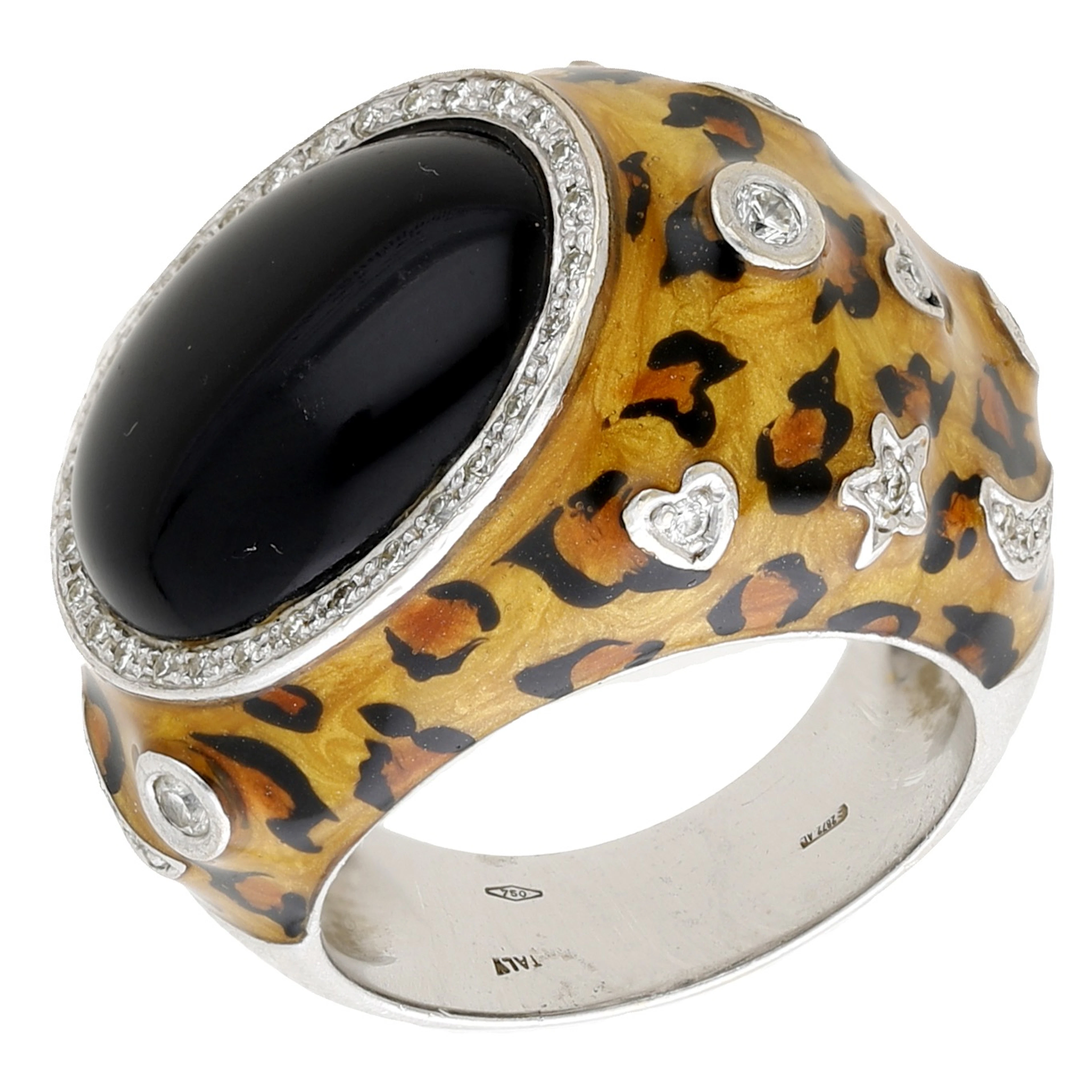 An enamel, onyx and diamond dress ring, of bombé form, the onyx cabochon