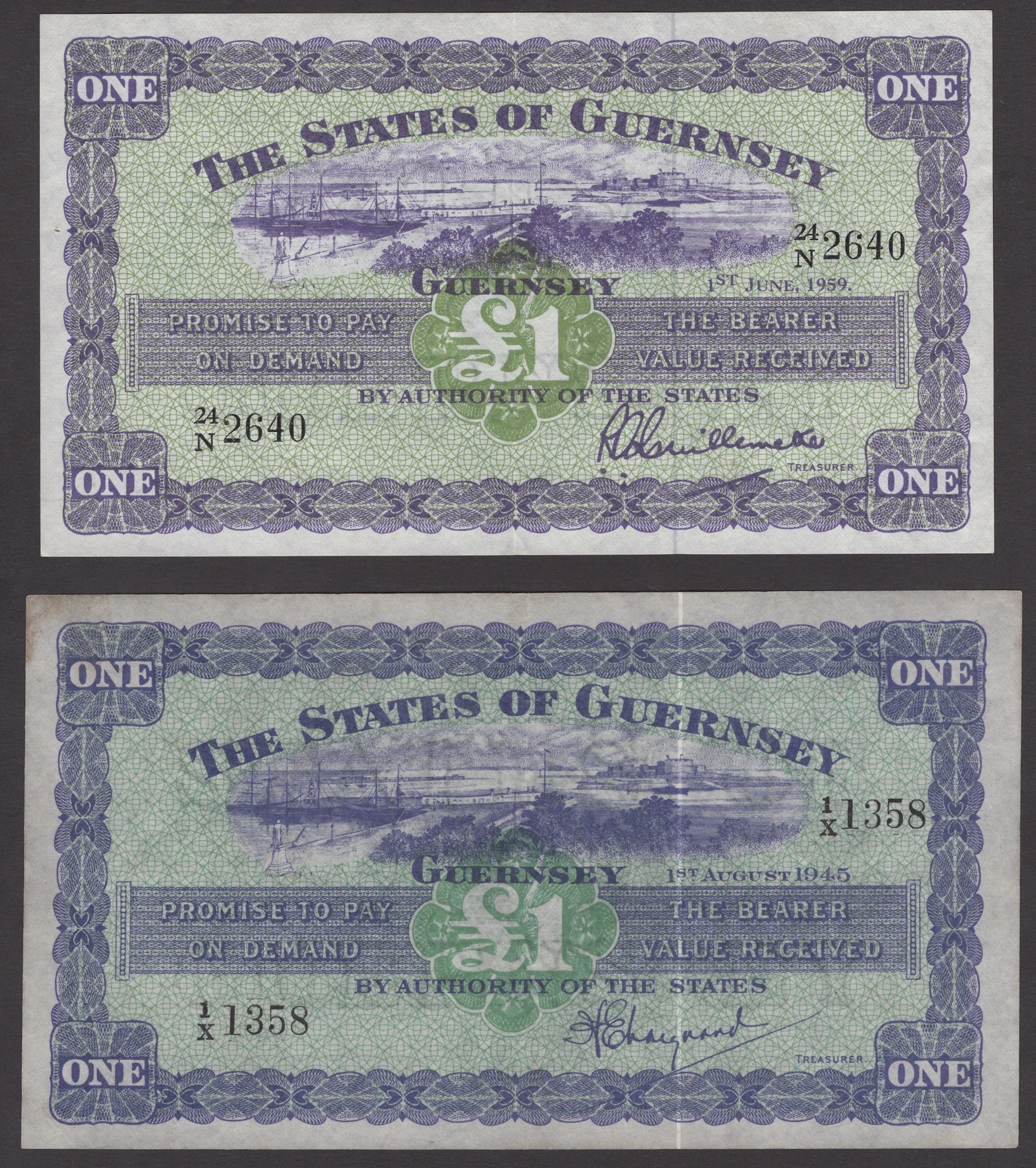 States of Guernsey, £1 (2), 1 August 1945, serial number 1/X 1358