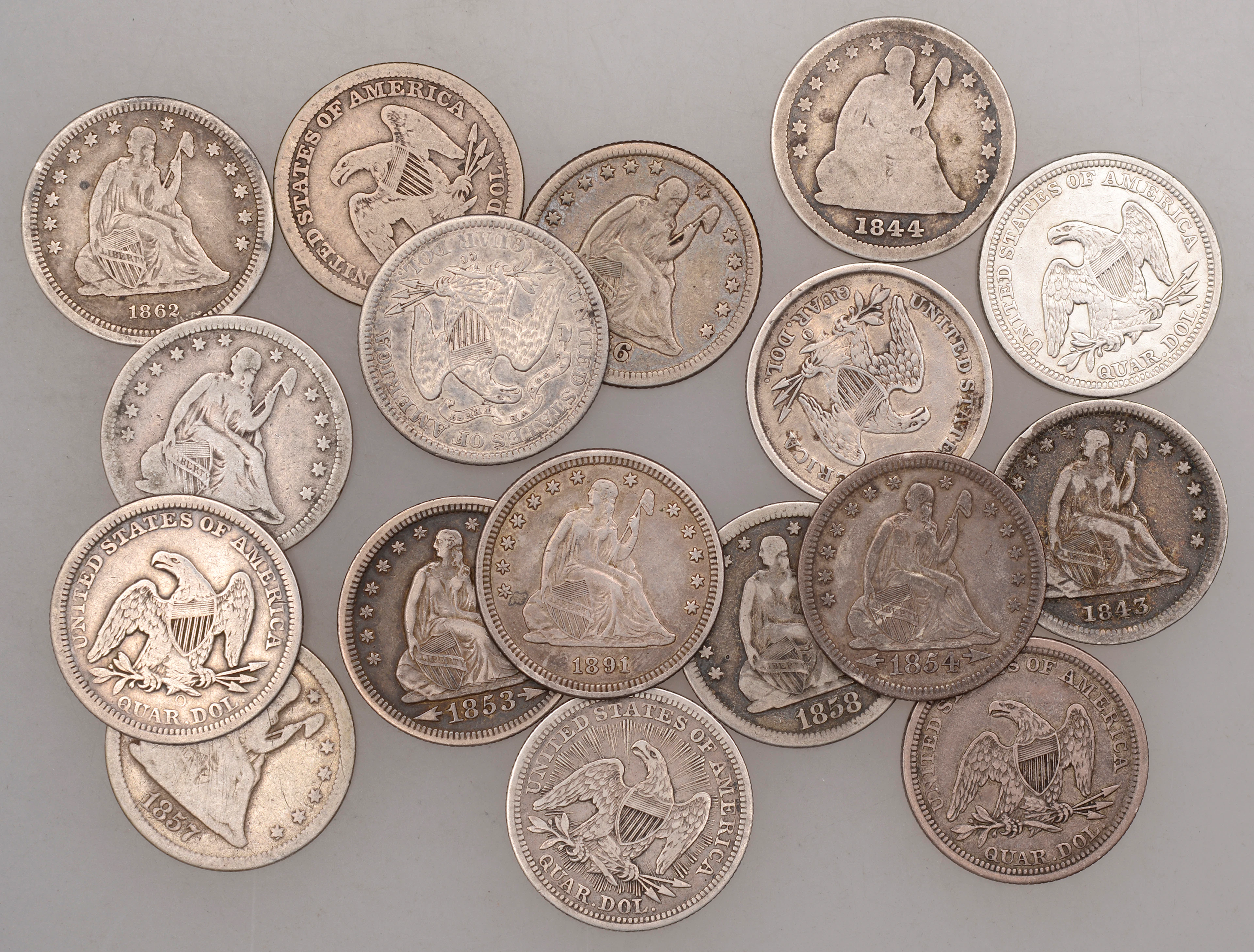 United States of America, ‘Seated Liberty’ Quarter-Dollars (17), various