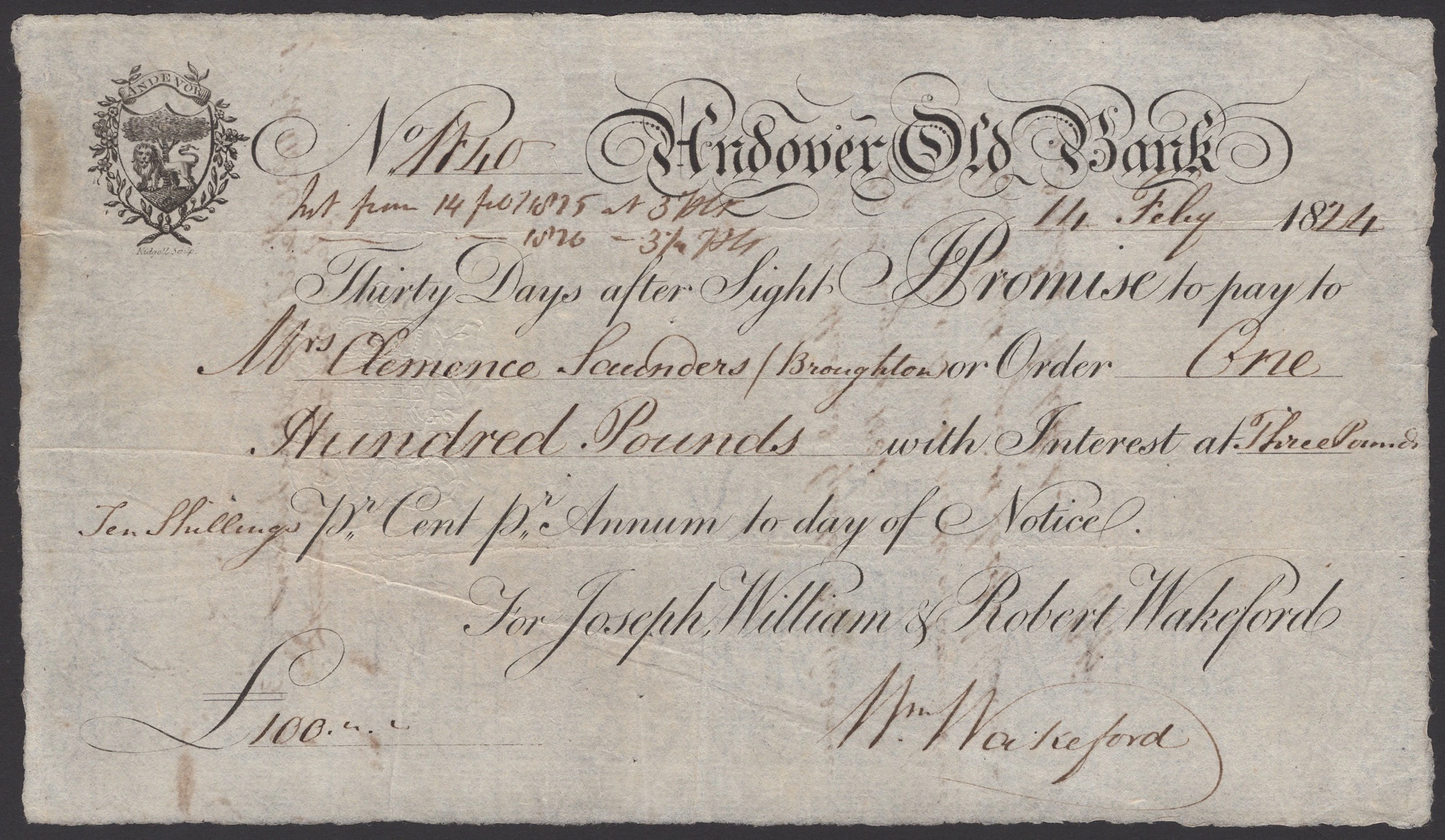 Andover Old Bank, for Joseph, William & Robert Wakeford, sight bill