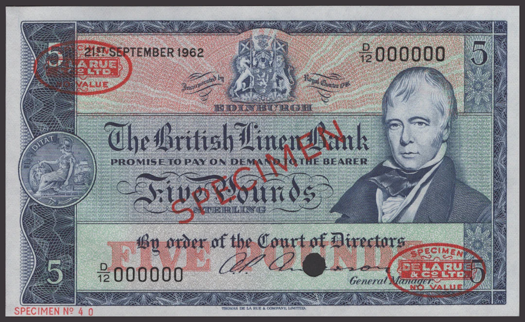 British Linen Bank, specimen £5, 21 September 1962, serial number