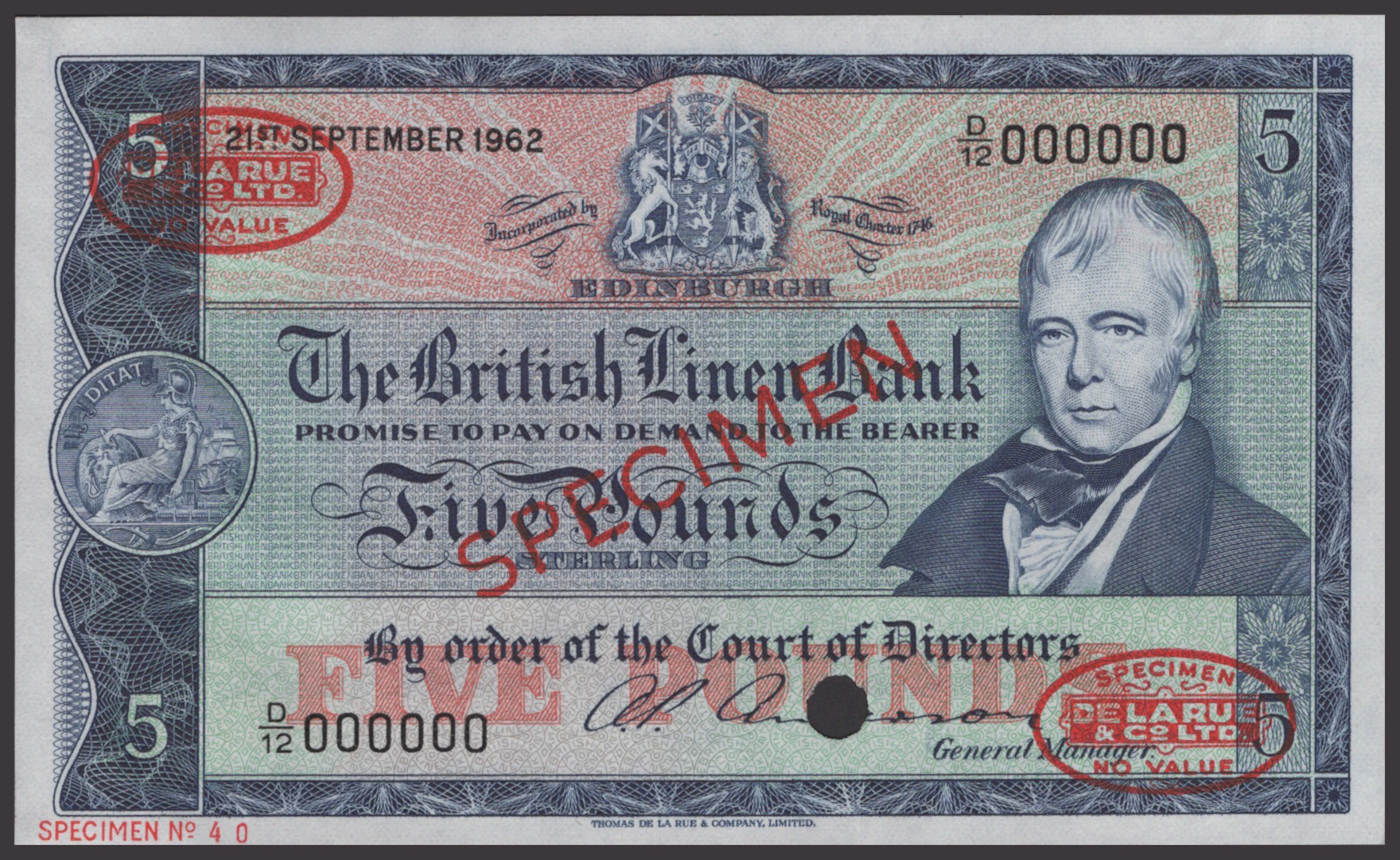 British Linen Bank, specimen £5, 21 September 1962, serial number