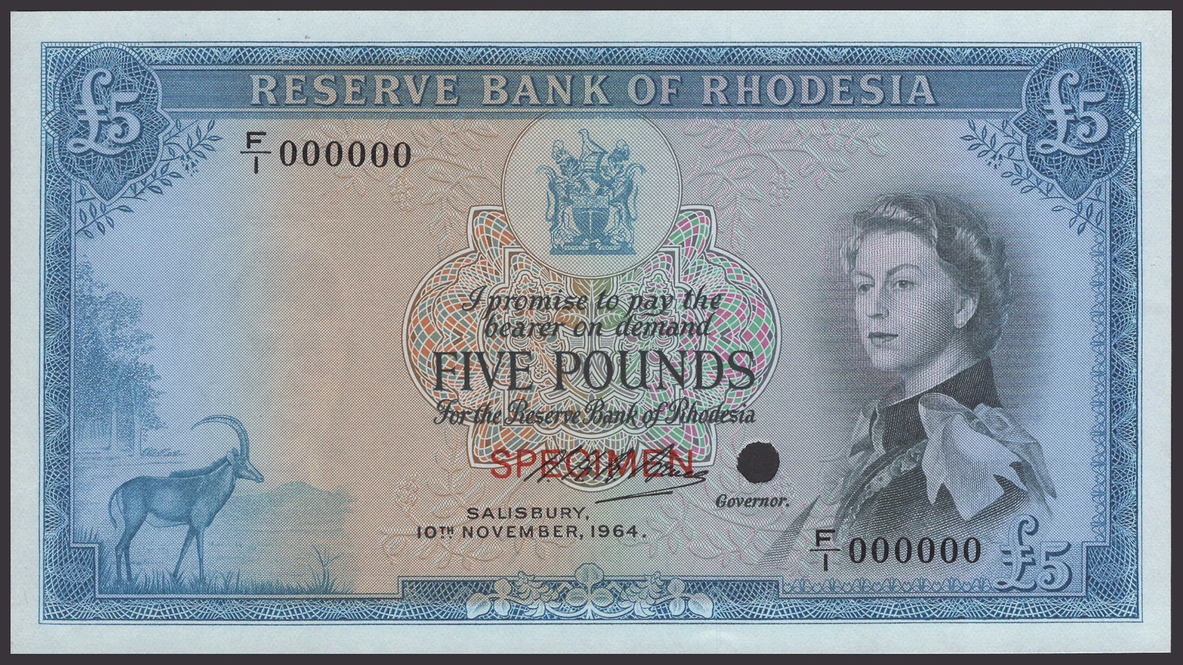 Reserve Bank of Rhodesia, colour trial £5, 10 November 1964, serial