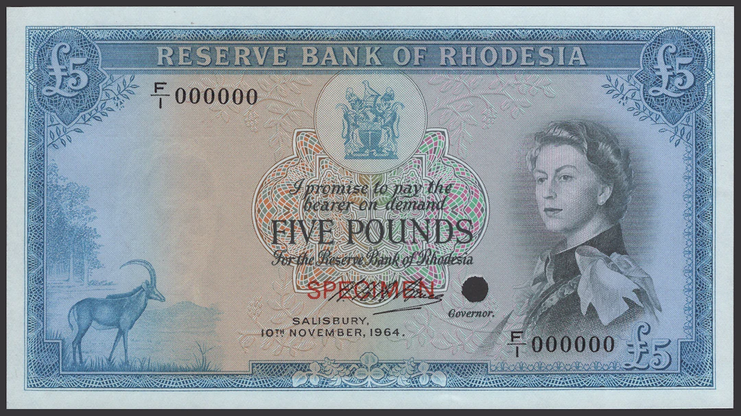 Reserve Bank of Rhodesia, colour trial £5, 10 November 1964, serial