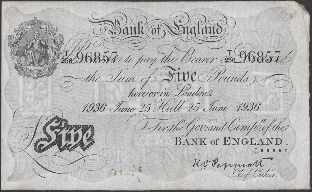 Bank of England, Kenneth O. Peppiatt, £5, Hull, 25 June 1936, serial