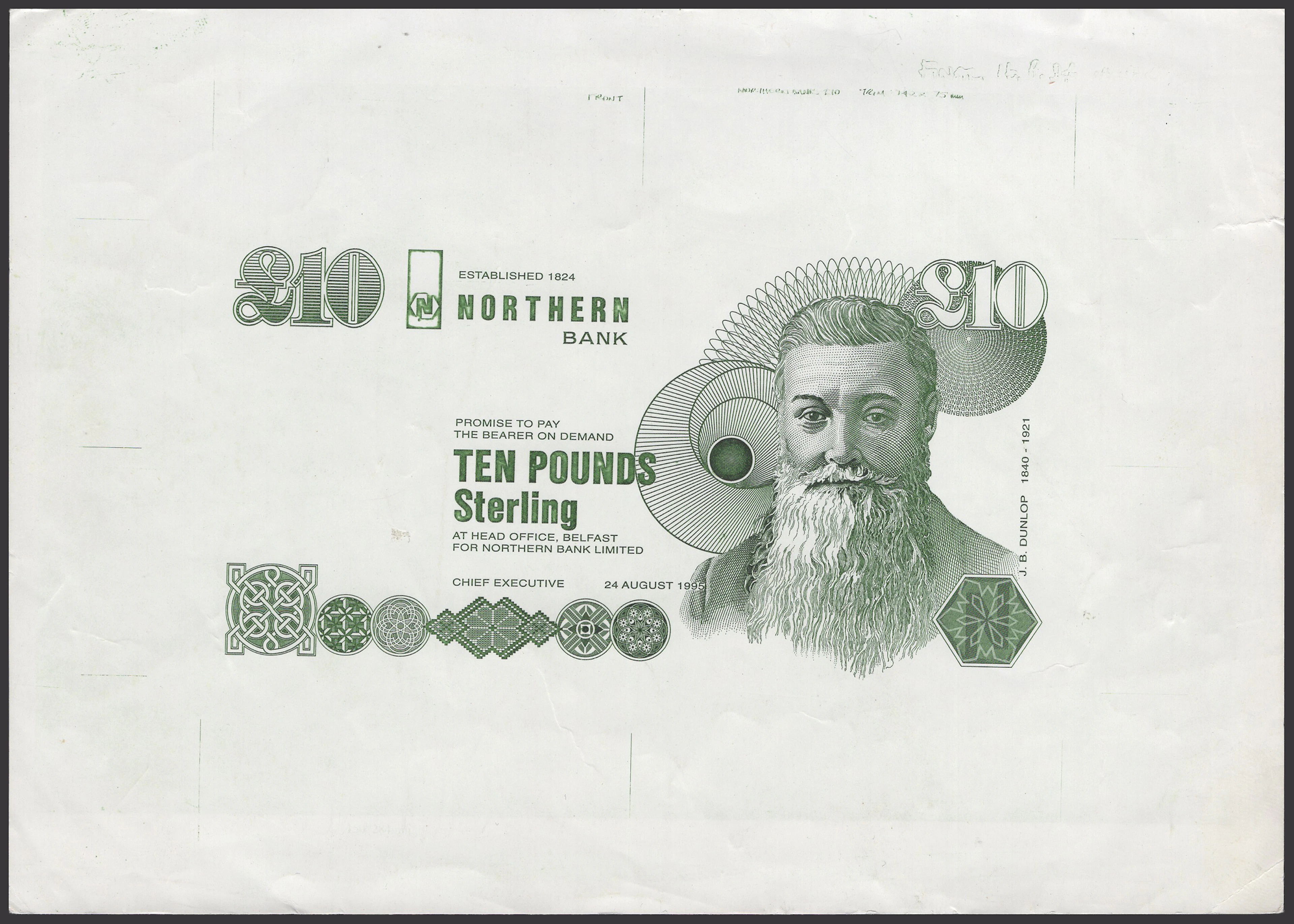 Northern Bank Limited, obverse die proof in green for the unissued