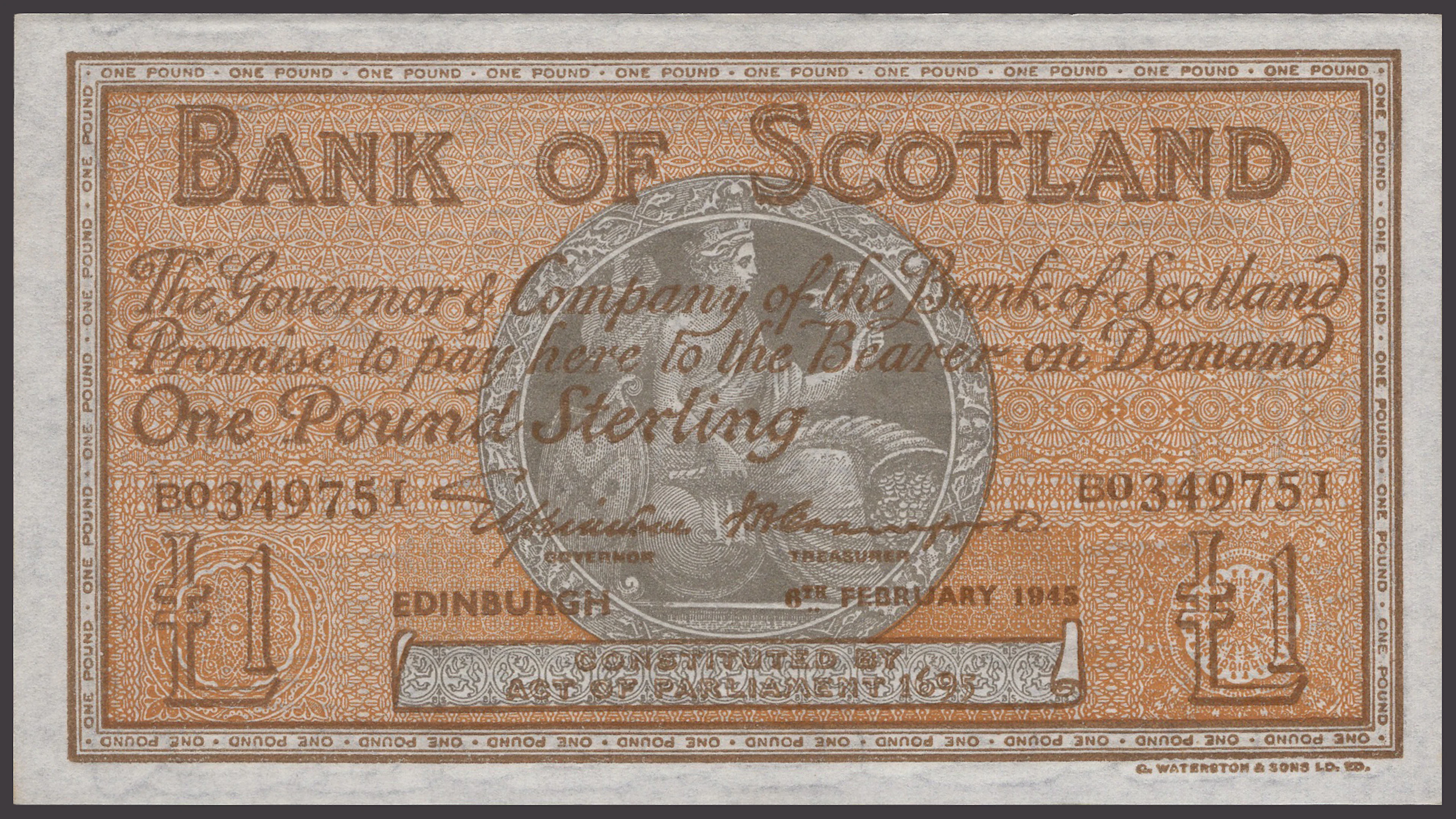 Bank of Scotland, £1, 6 February 1945, serial number B0349751, Elphinstone