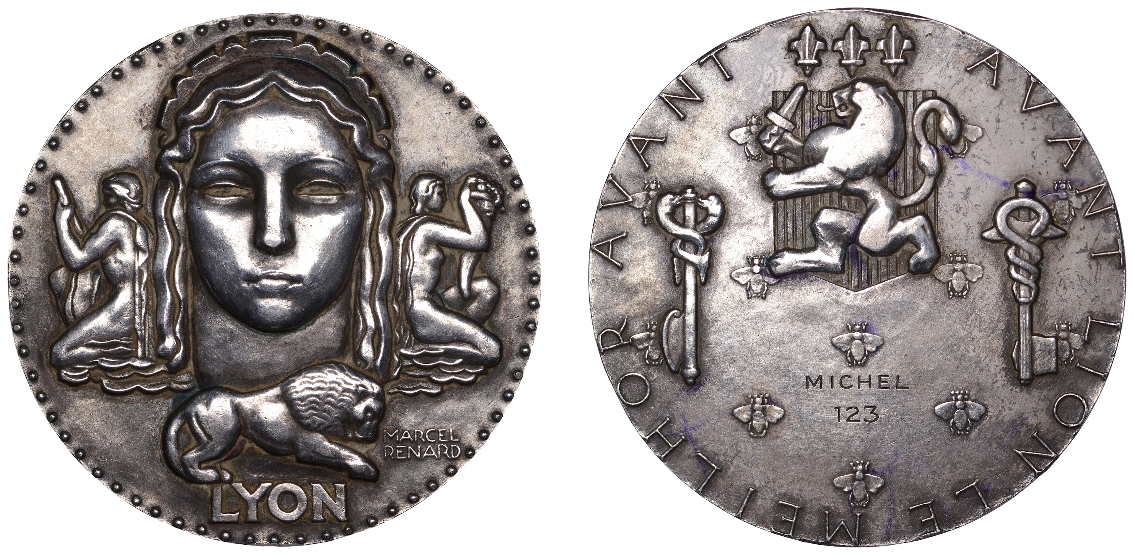 FRANCE, Ville de Lyon, 1945, an Art Déco plated bronze medal by M.-F.