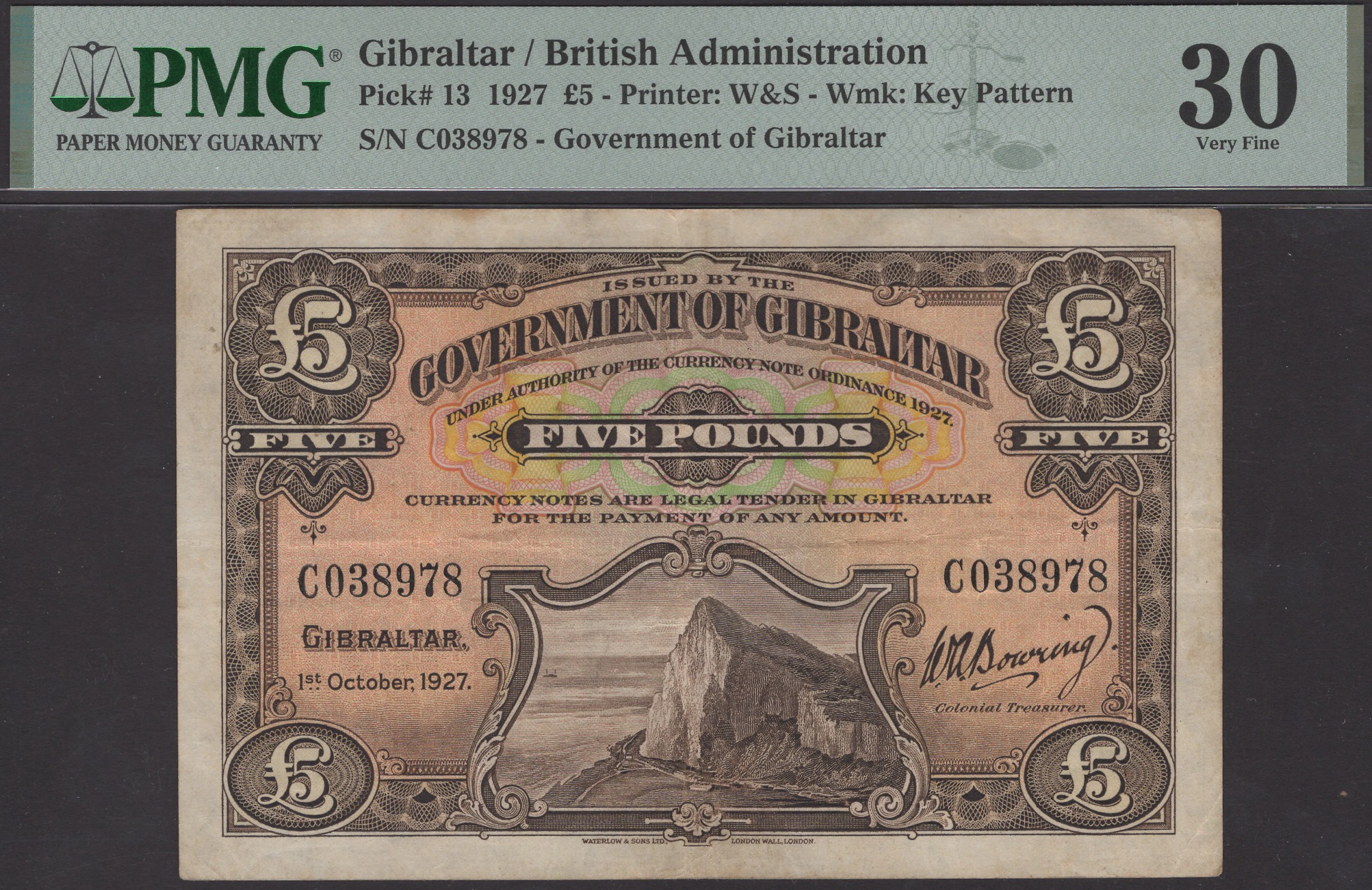 Government of Gibraltar, £5, 1 October 1927, serial number C 038978