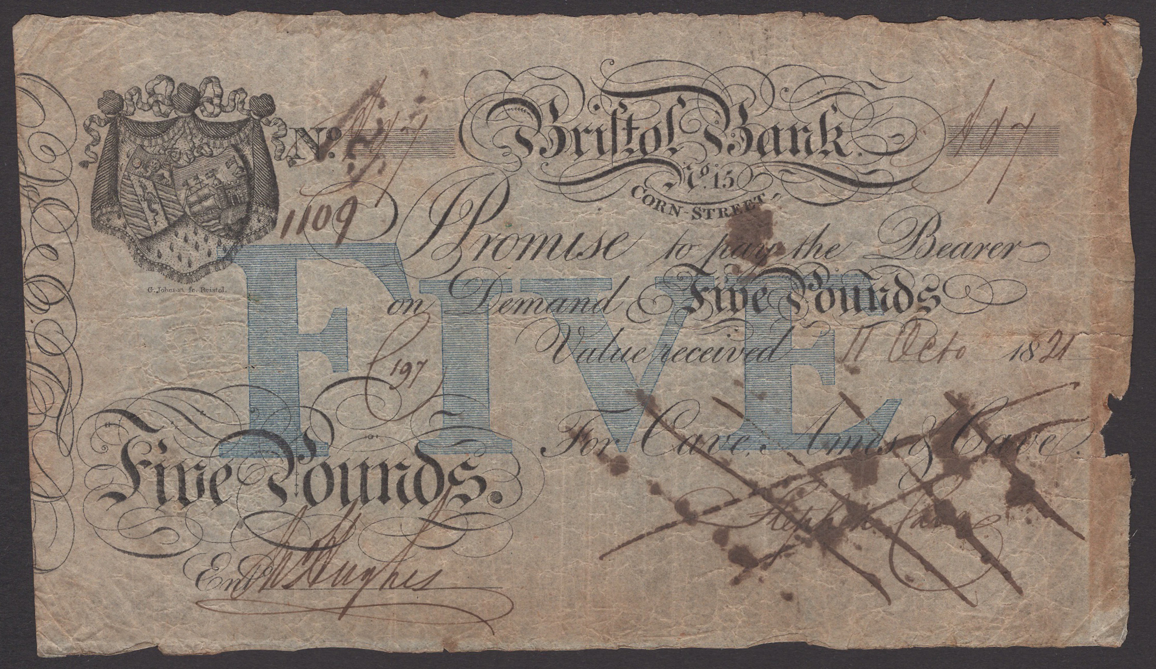 Bristol New Bank, for Cave, Ames & Cave, £5, 11 October 1821, serial