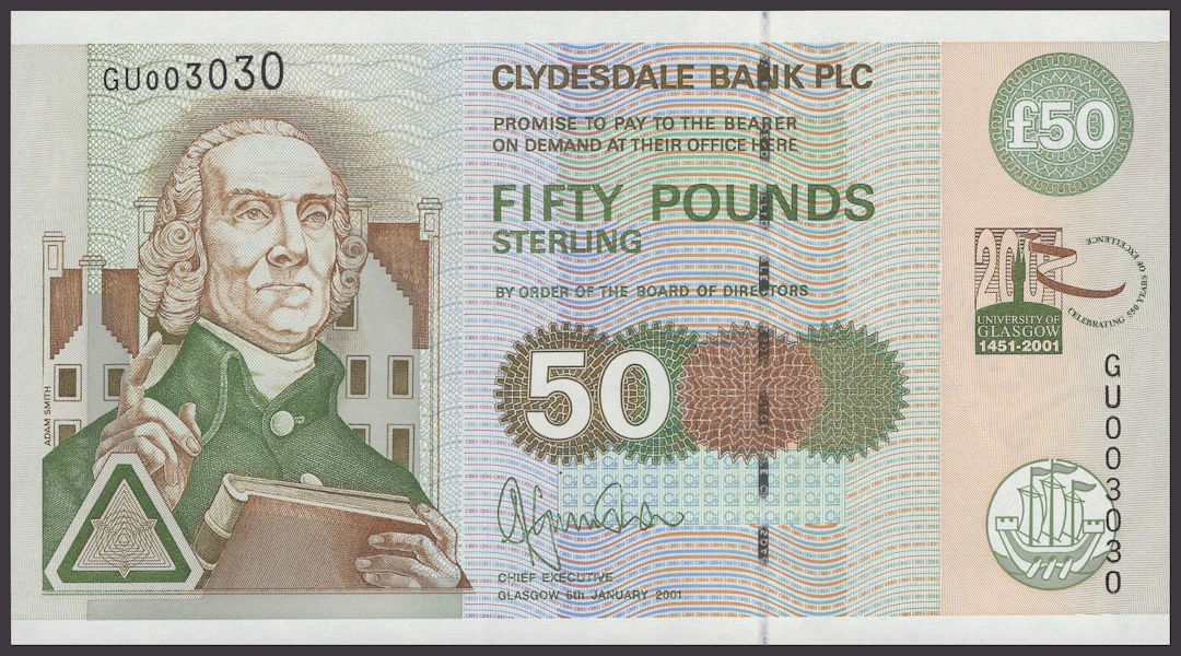 Clydesdale Bank PLC, £50, 6 January 2001, serial number GU003030