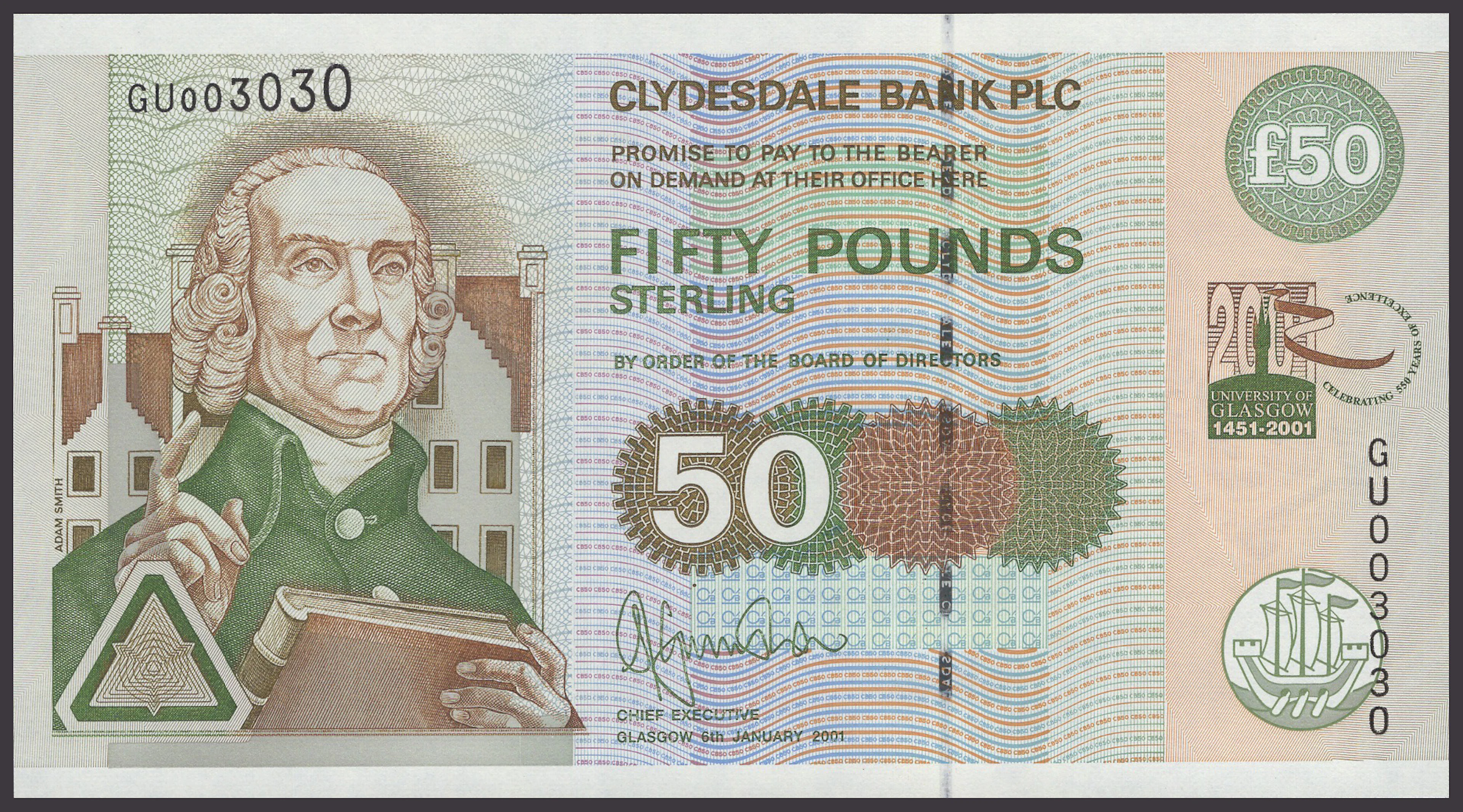 Clydesdale Bank PLC, £50, 6 January 2001, serial number GU003030