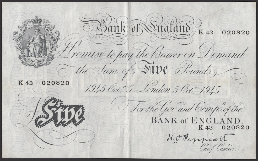 Bank of England, Kenneth O. Peppiatt, £5 (6), 8 September 1945, 5