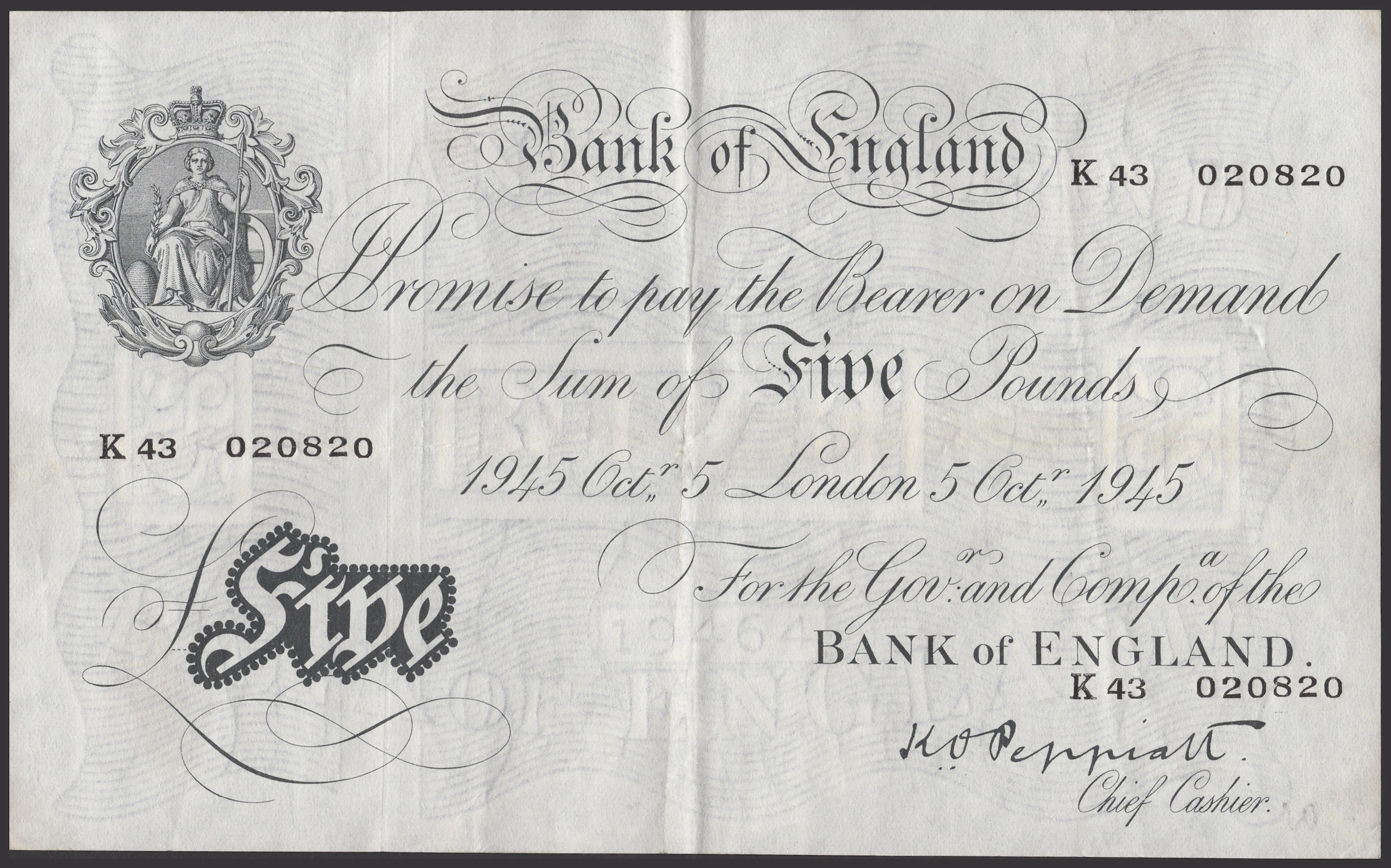 Bank of England, Kenneth O. Peppiatt, £5 (6), 8 September 1945, 5