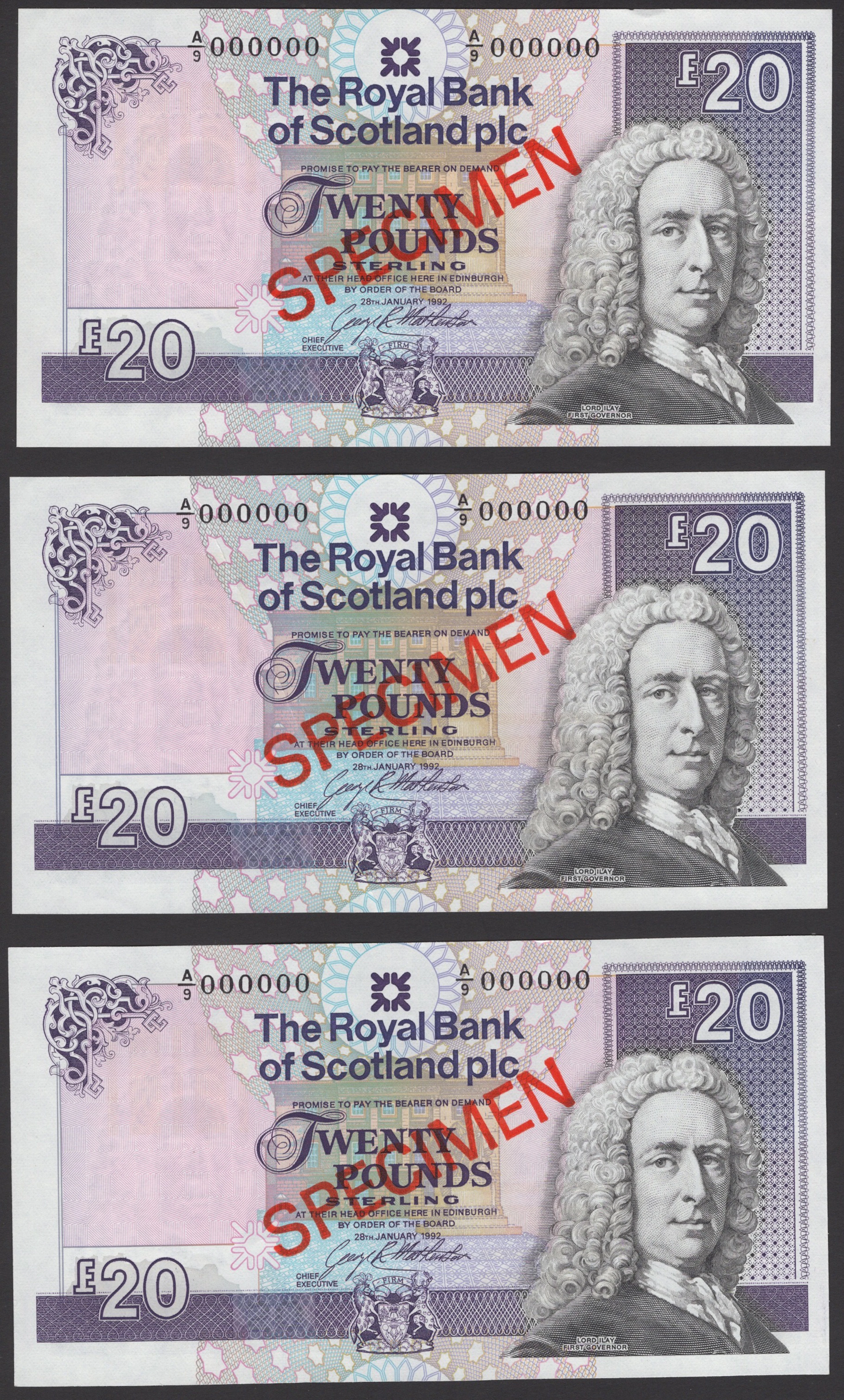 Royal Bank of Scotland PLC, specimen £20 (6), 28 January 1992, serial