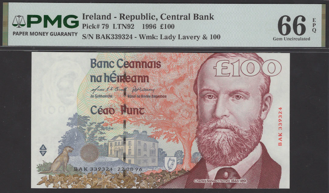 Central Bank of Ireland, £100, 22 August 1996, serial number BAK339324