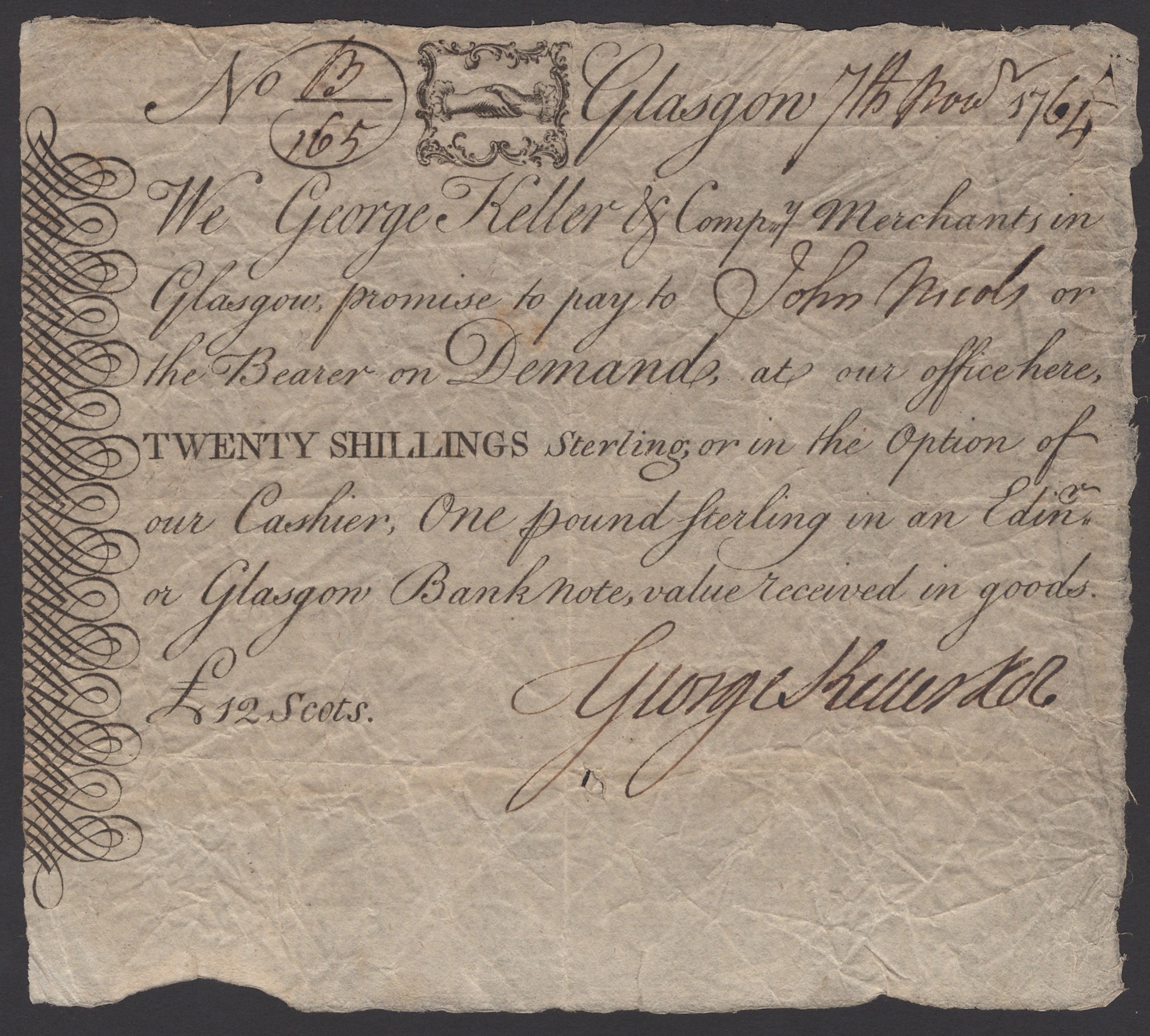 George Keller & Company, Glasgow, £1, 7 November 1764, serial number