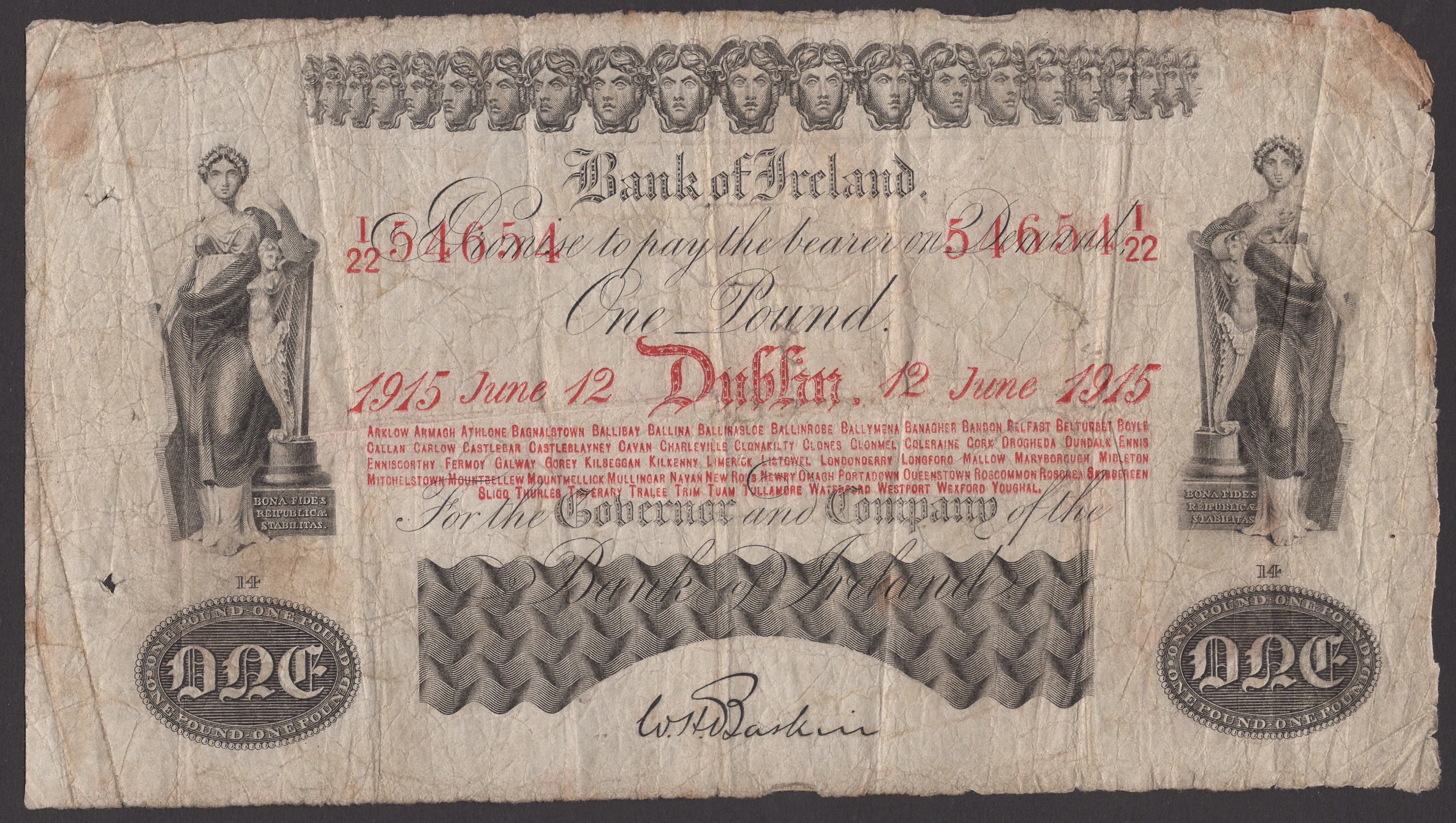 Bank of Ireland, £1, 12 June 1915, serial number I/22 54654, Baskin