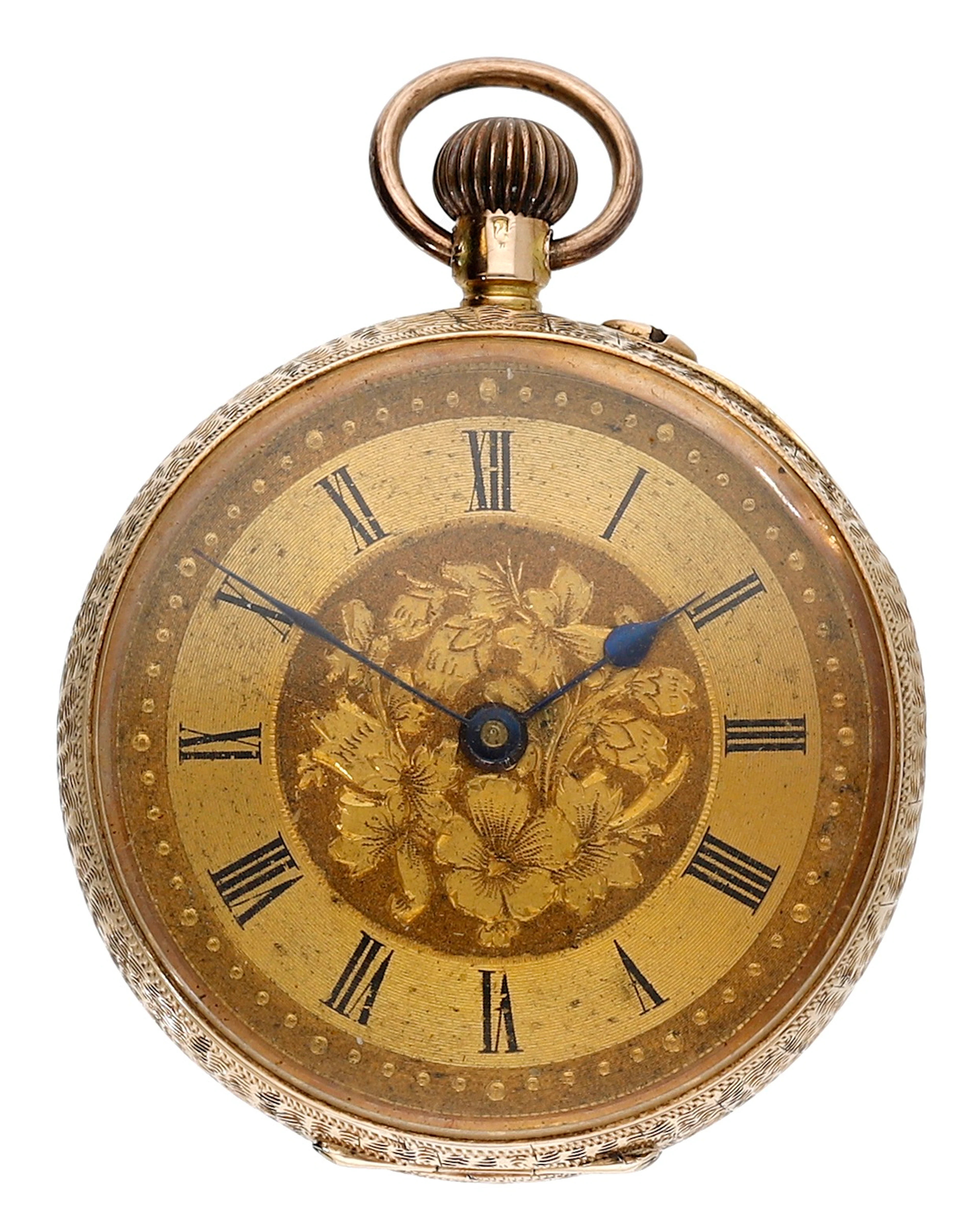 Swiss. A gold open-faced keyless watch, circa 1900. Movement: cylinder