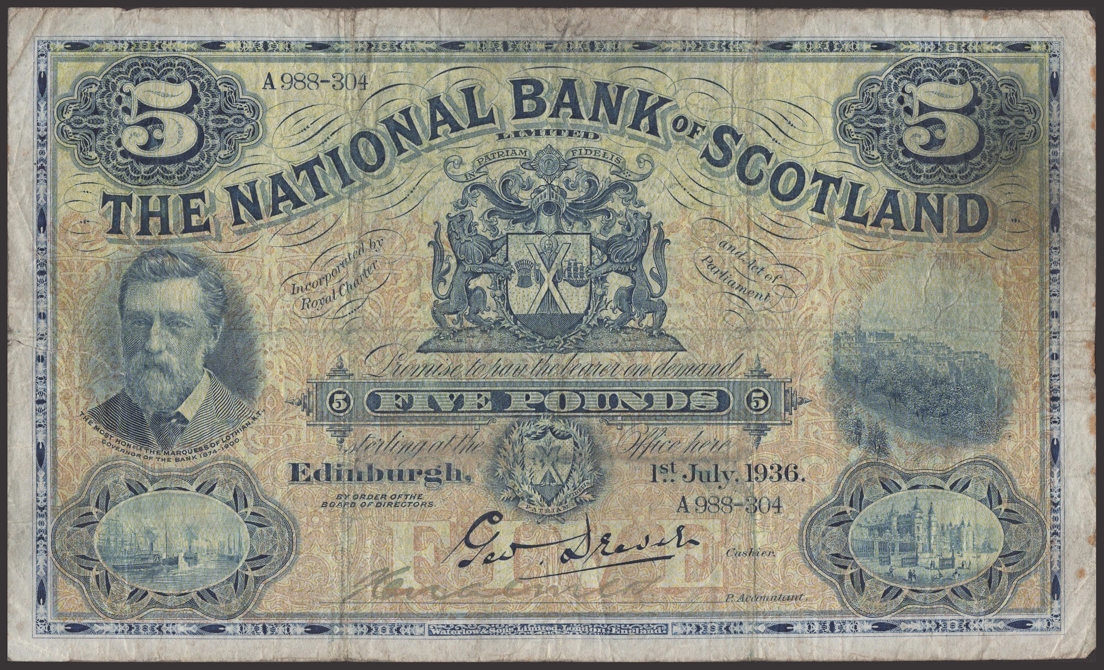National Bank of Scotland Limited, £5, 1 July 1936, serial number