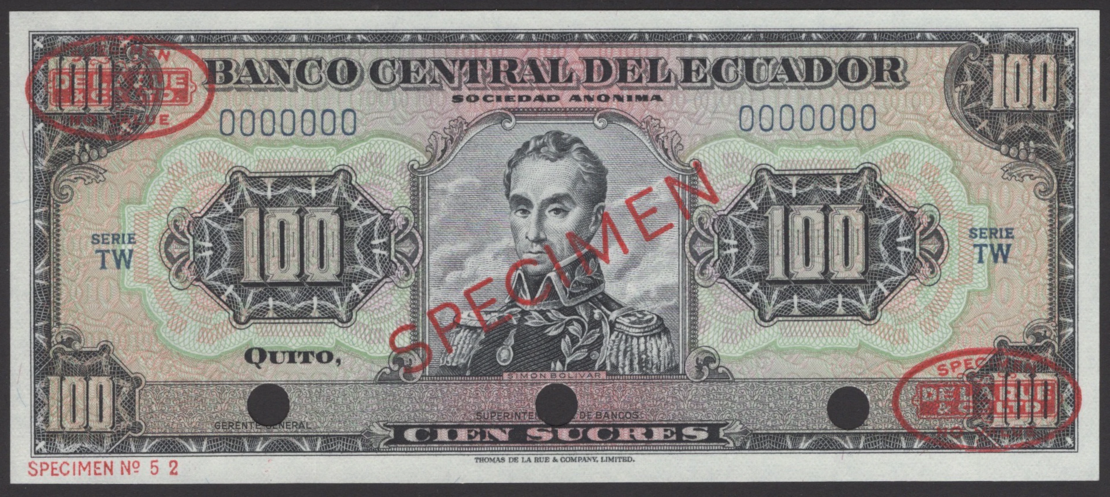 Banco Central del Ecuador, specimen 100 Sucres, ND (1961-66), serial