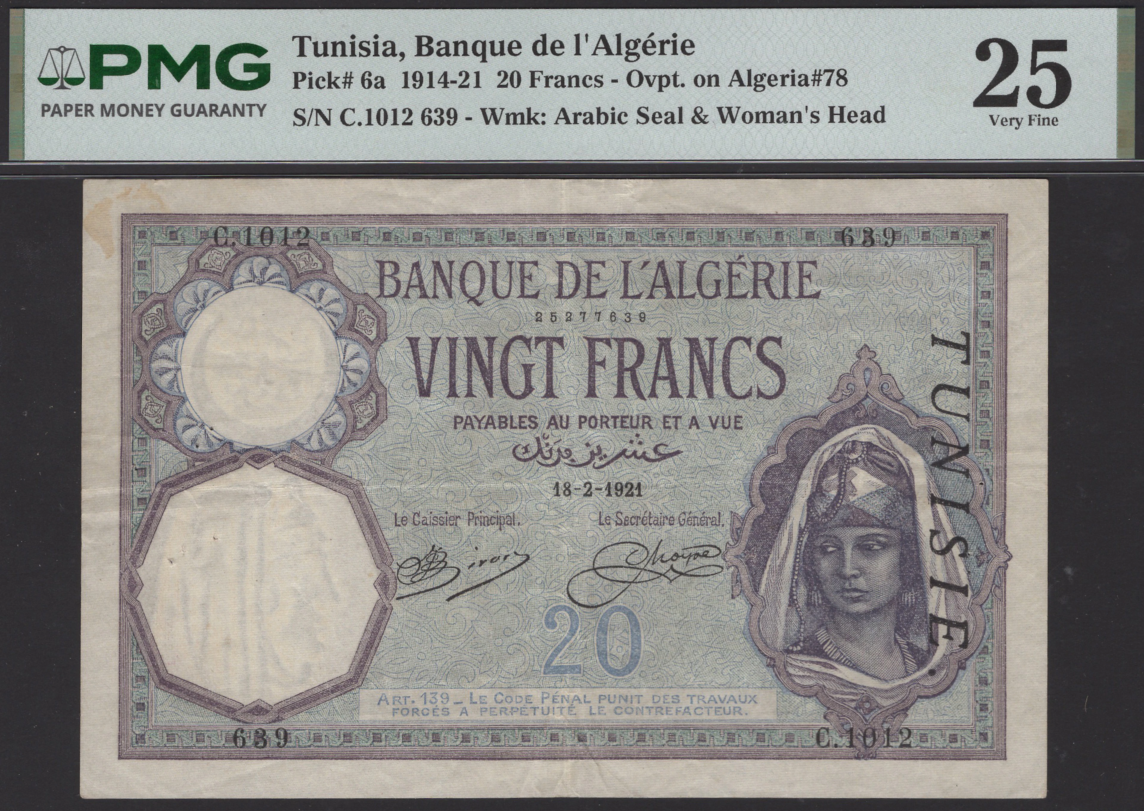 Banque de l‘Algerie, Tunisia, 20 Francs, 18 February 1921, serial