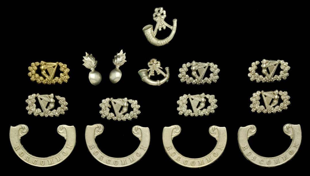 Roscommon Militia Collar Badges and Cap Badge Scrolls. Very good examples