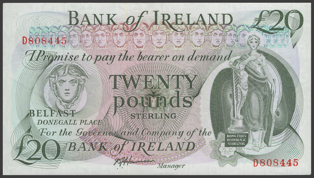 Bank of Ireland, £20, 1985, serial number D808445, Harrison signature