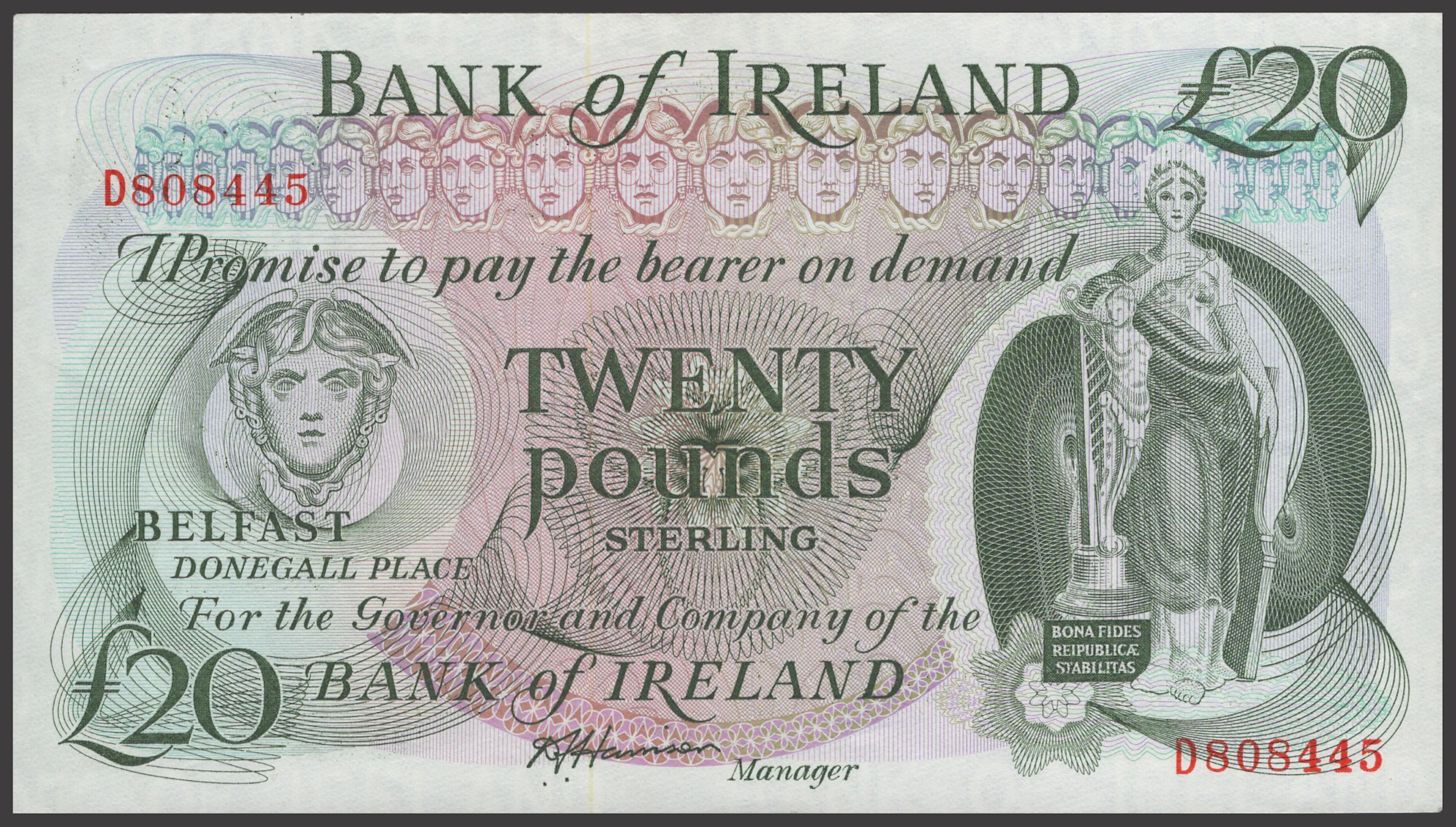 Bank of Ireland, £20, 1985, serial number D808445, Harrison signature