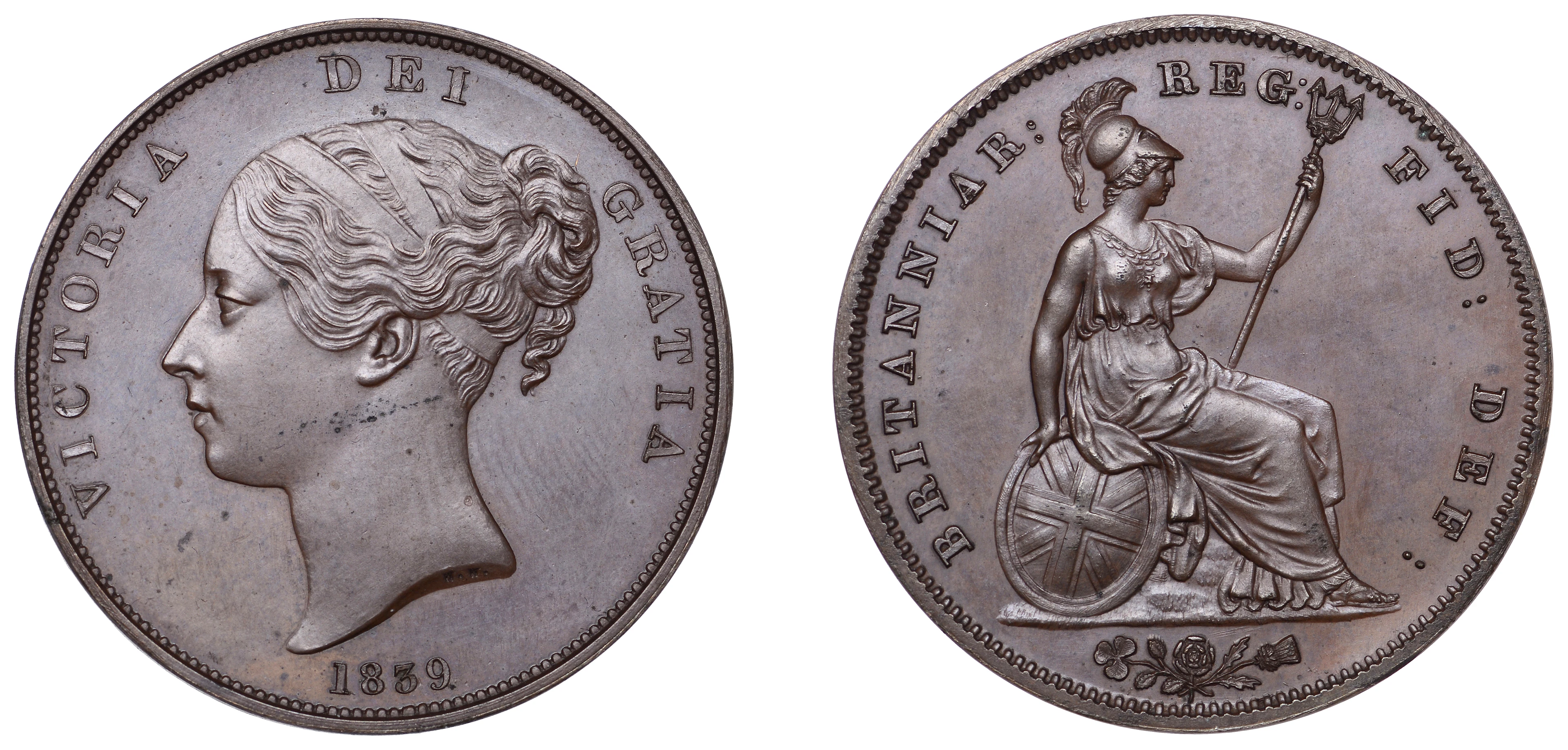 Victoria (1837-1901), Proof Penny, 1839, in bronzed copper, edge plain