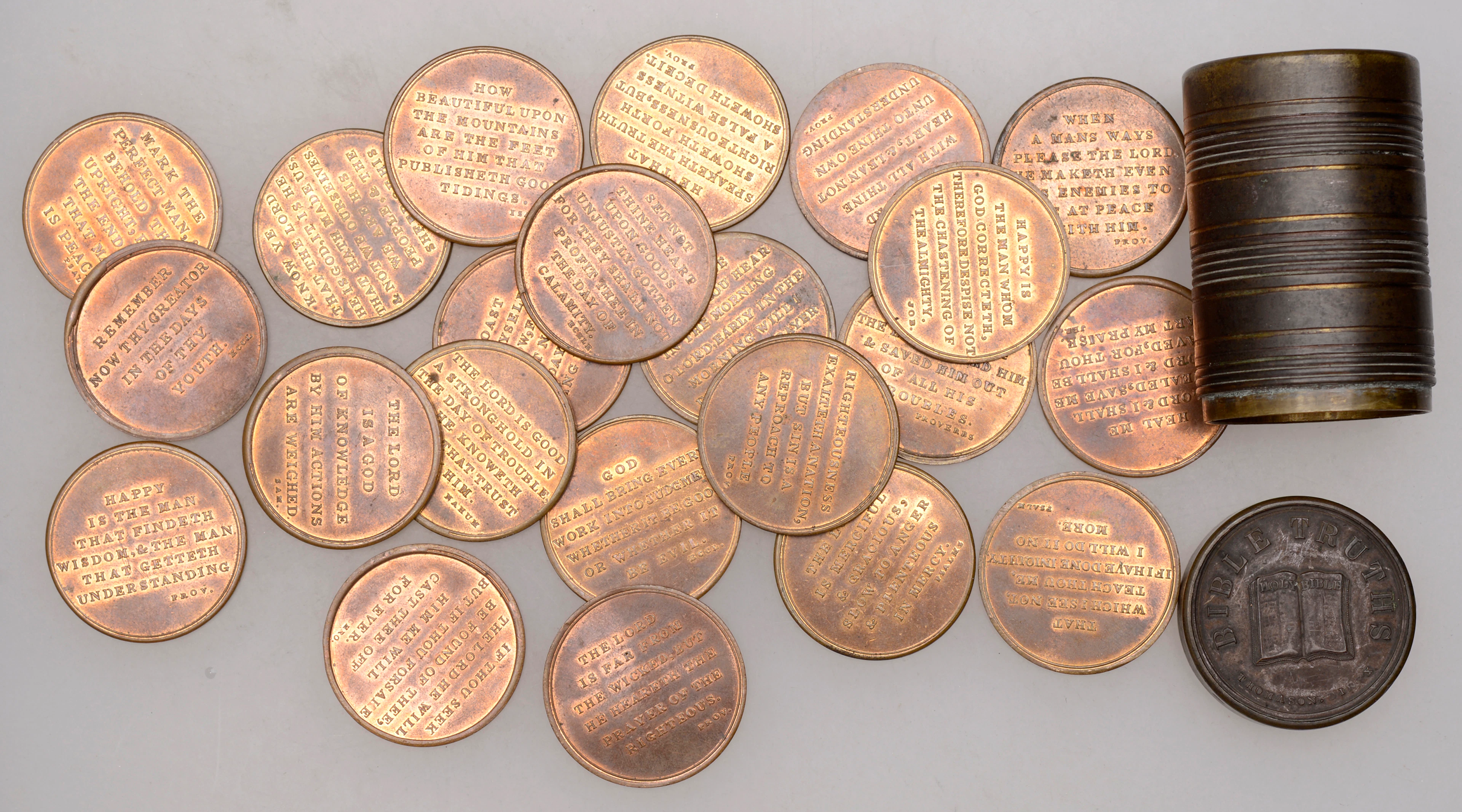 Bible Truths, undated, a set of 22 copper medals by E. Thomason, all
