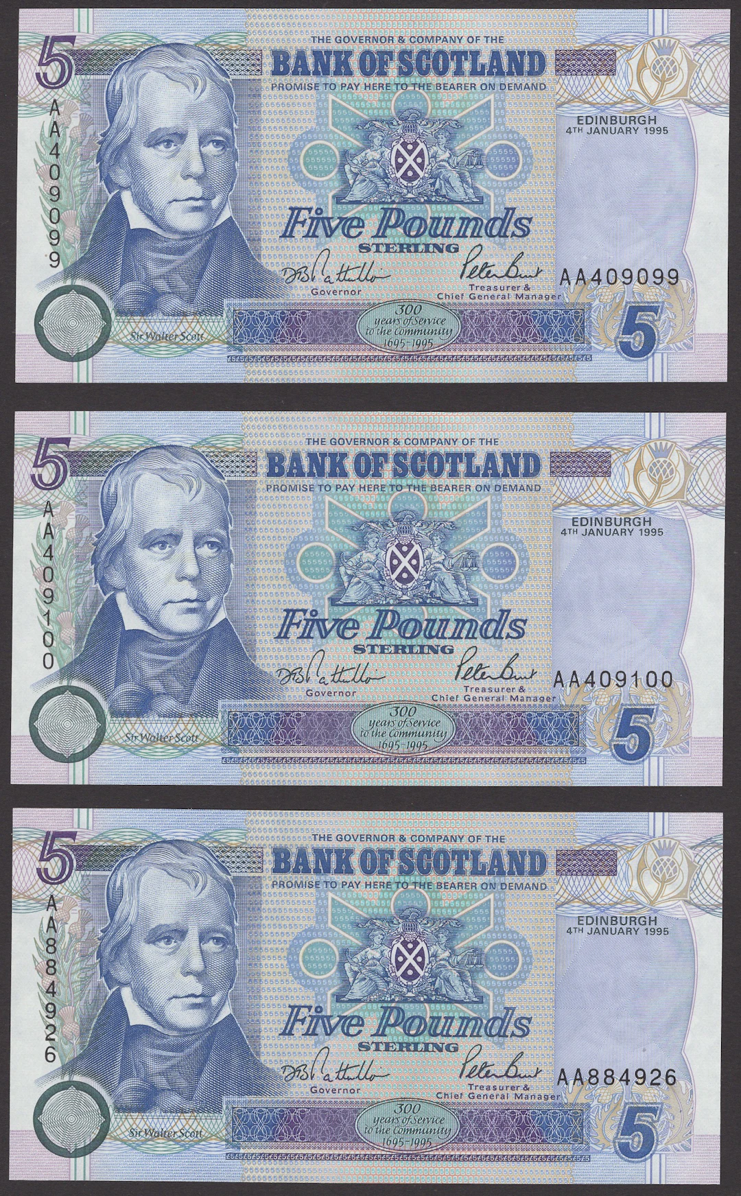 Bank of Scotland, £5 (6), 4 January 1995, prefixes AA (3), AD, AE