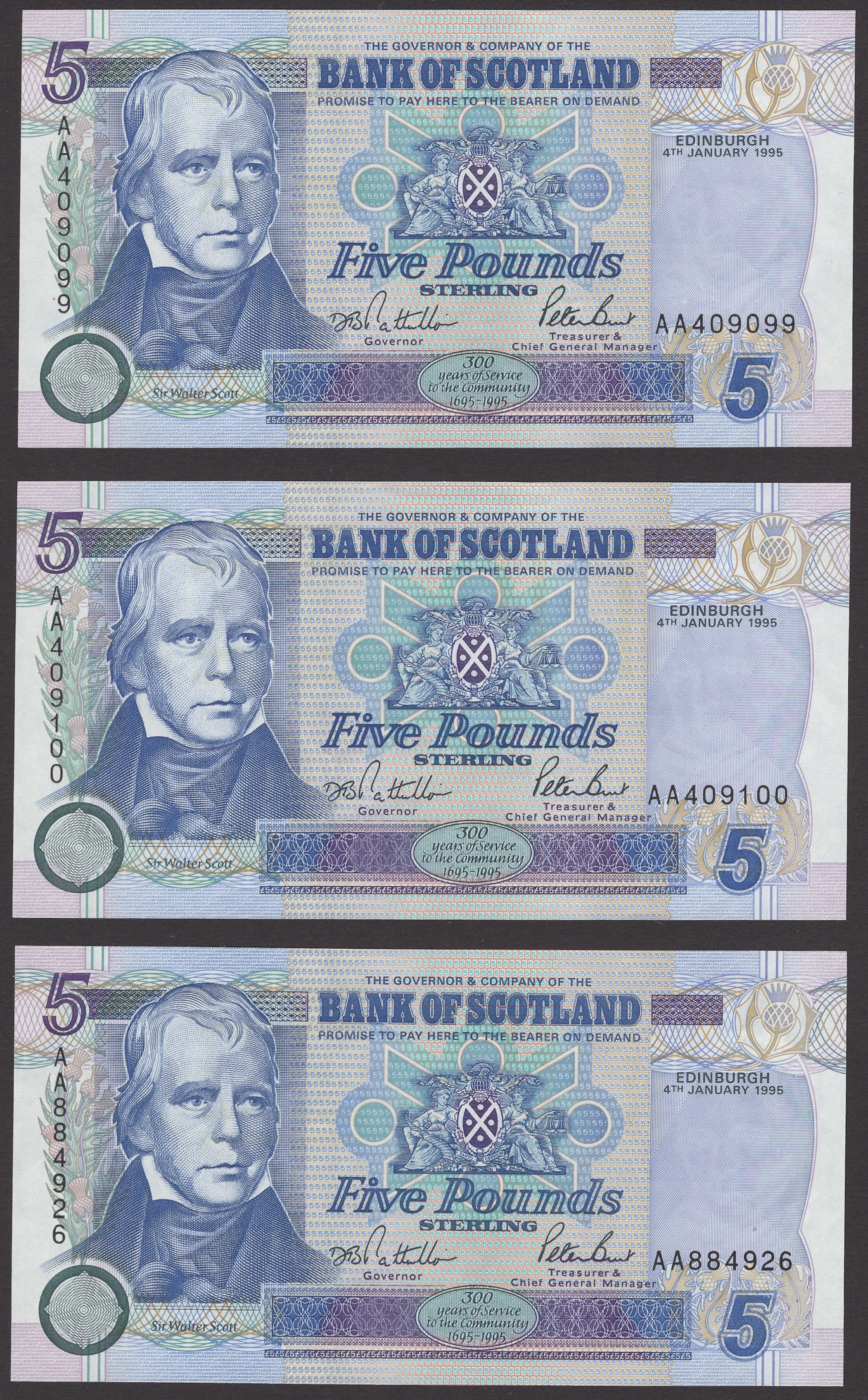 Bank of Scotland, £5 (6), 4 January 1995, prefixes AA (3), AD, AE