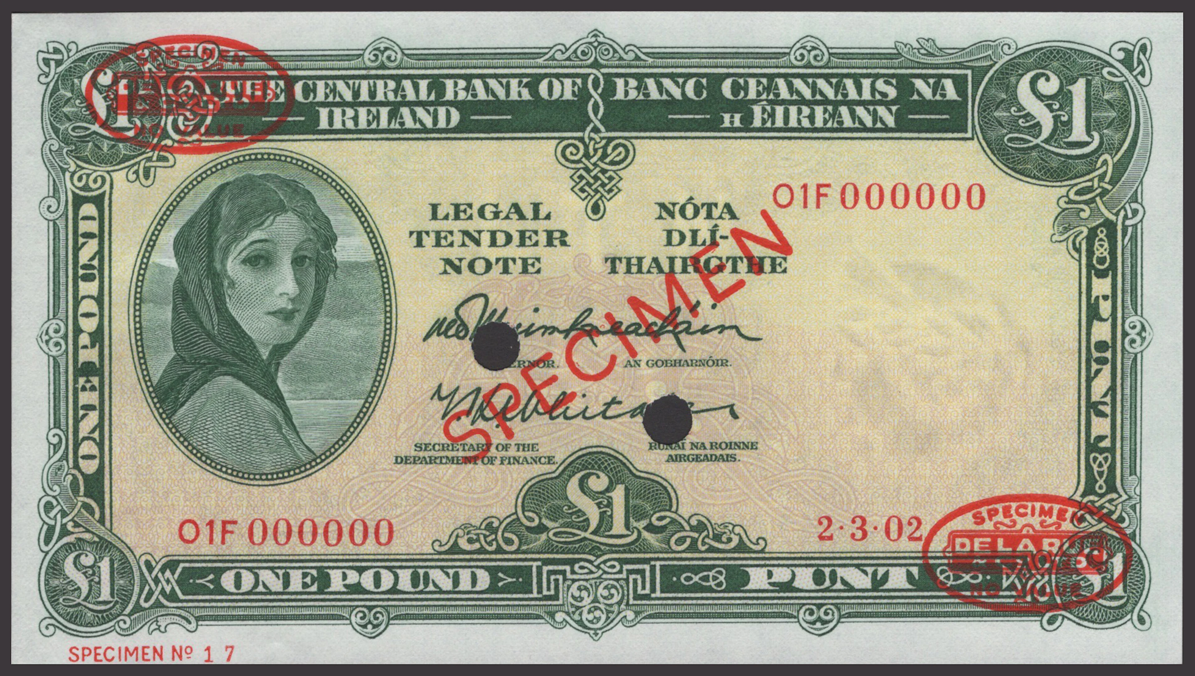 Central Bank of Ireland, specimen £1, 2 March 1902 (fictitious date